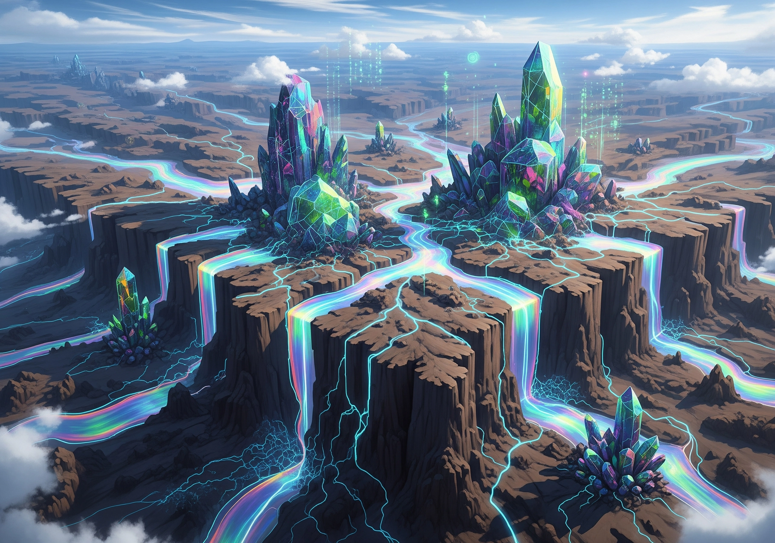 Abstract landscape with crystal formations and glowing streams, representing complex property law guidance.