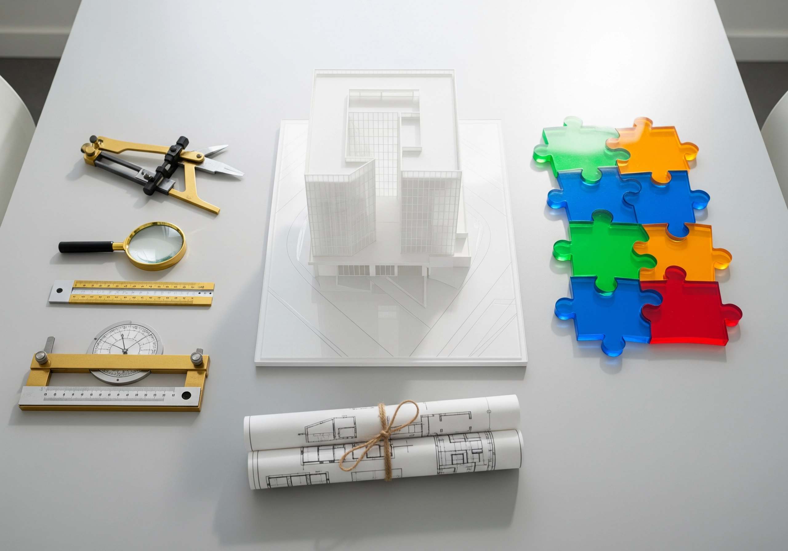 Architectural model, blueprints, and puzzle pieces suggesting asset protection strategies in property law.
