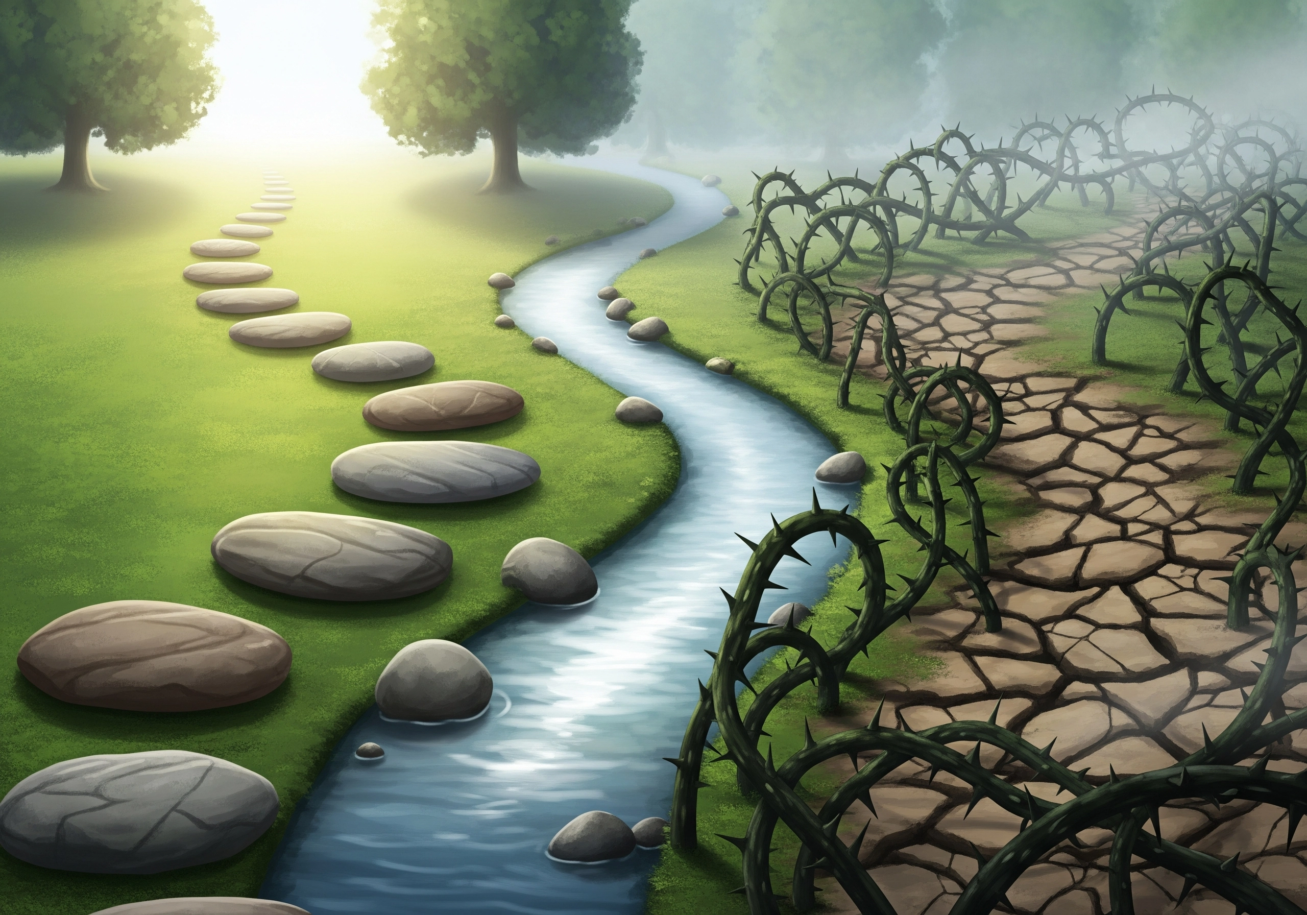 Path divided: one side with stepping stones, the other with thorns, symbolizing property dispute resolution challenges.