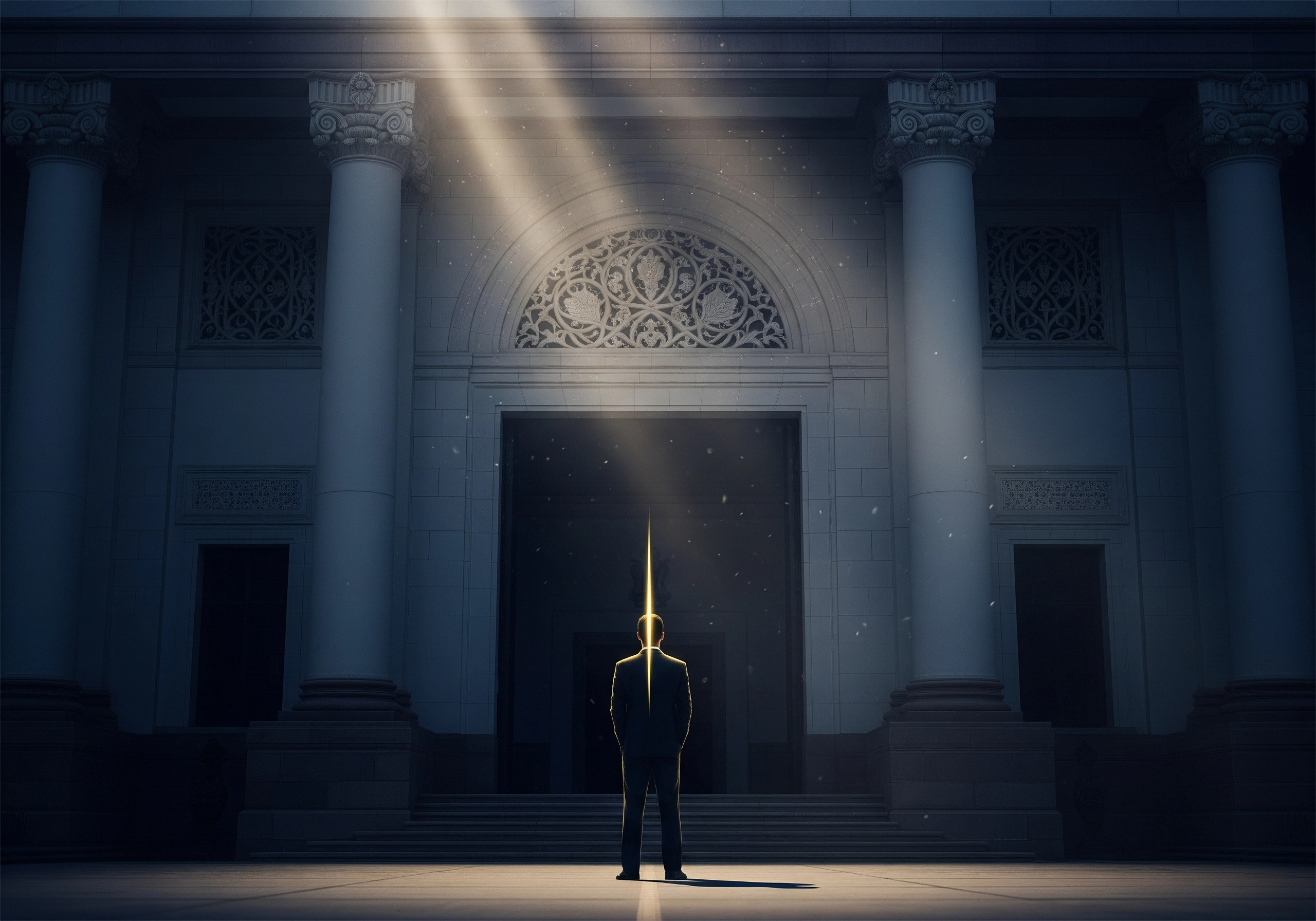 Man in suit stands before a grand courthouse entrance with bright light shining down.