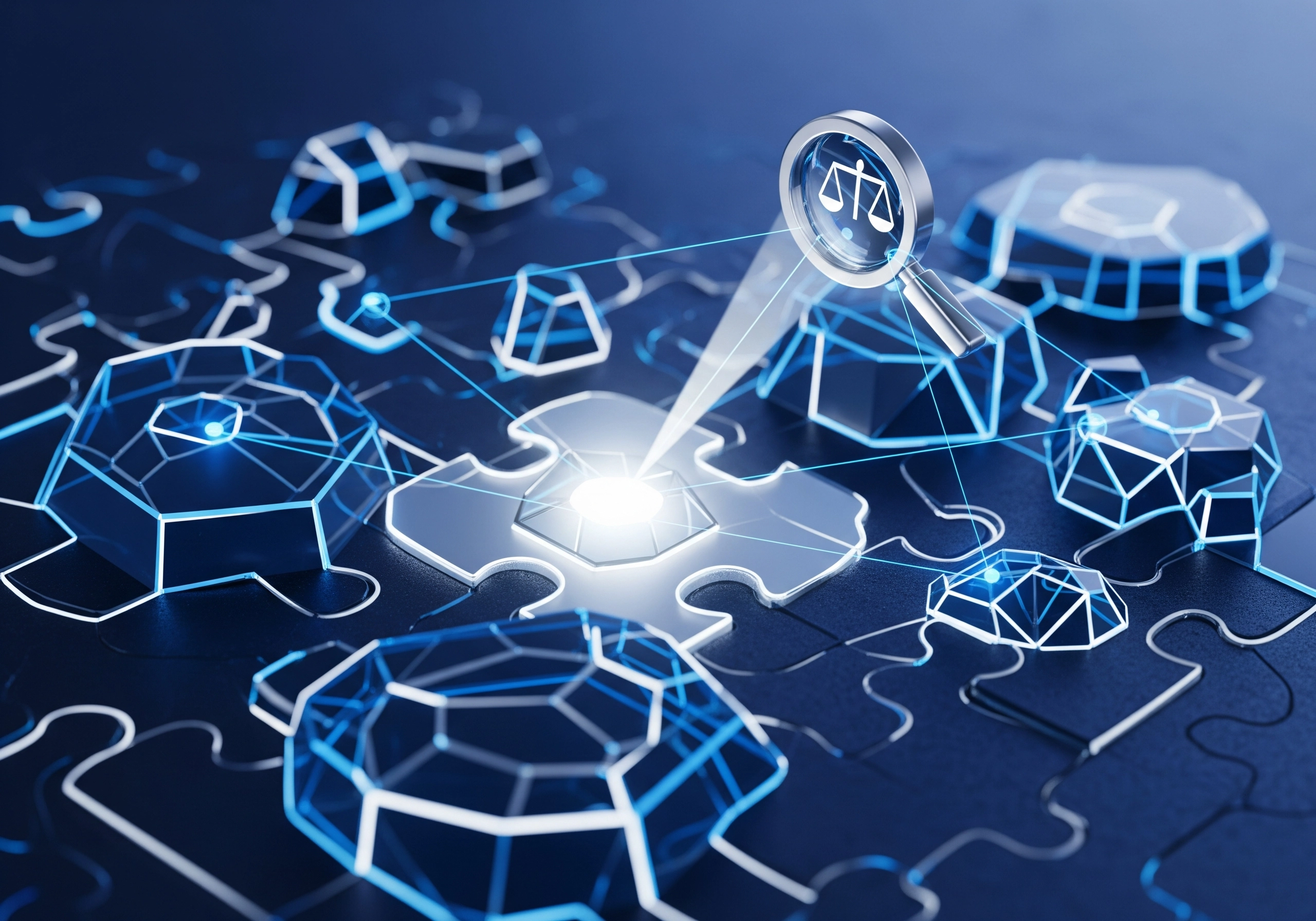 Puzzle pieces with scales of justice under magnifying glass, representing legal solutions.