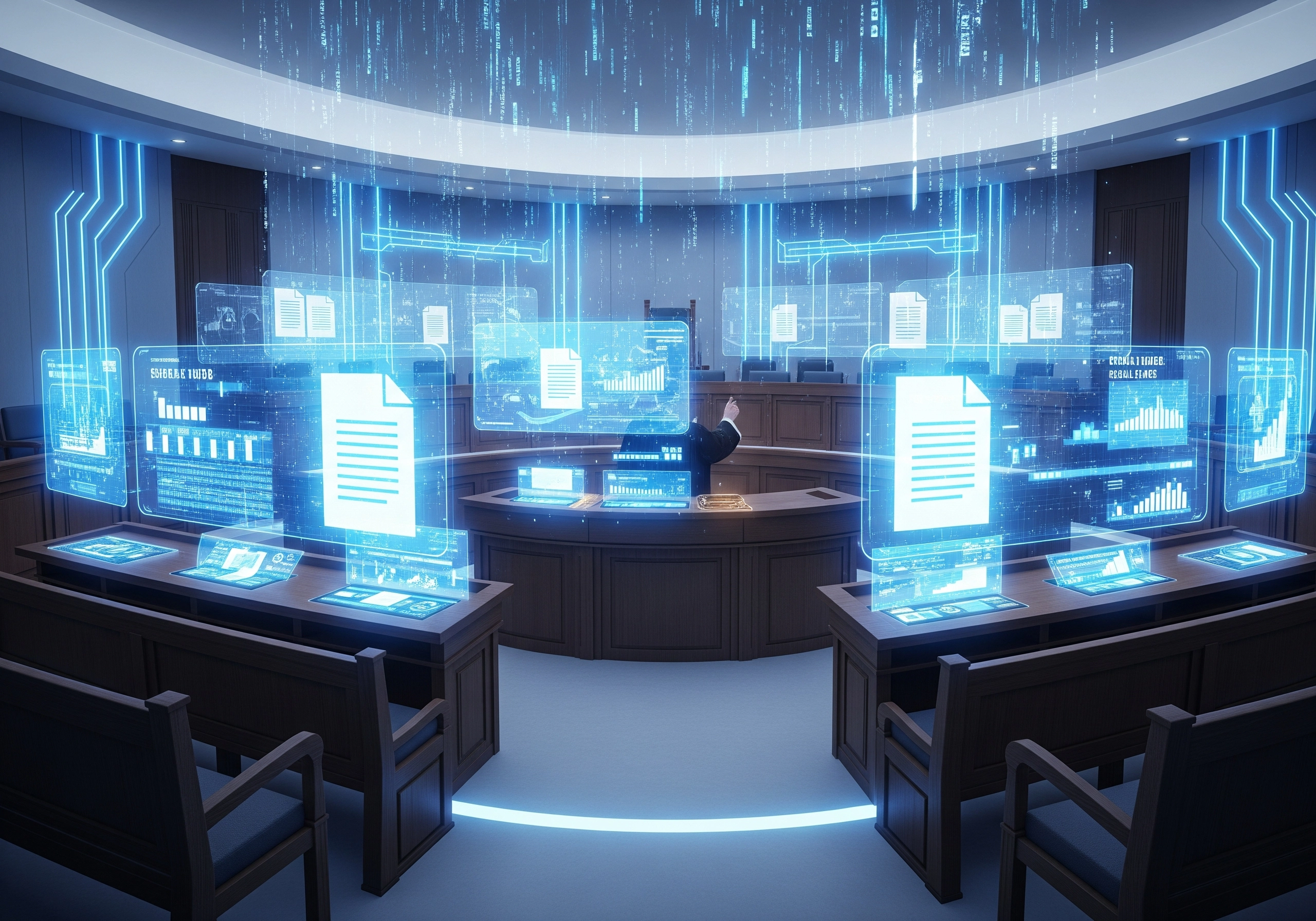 Futuristic courtroom with digital displays, illustrating advanced legal technology.