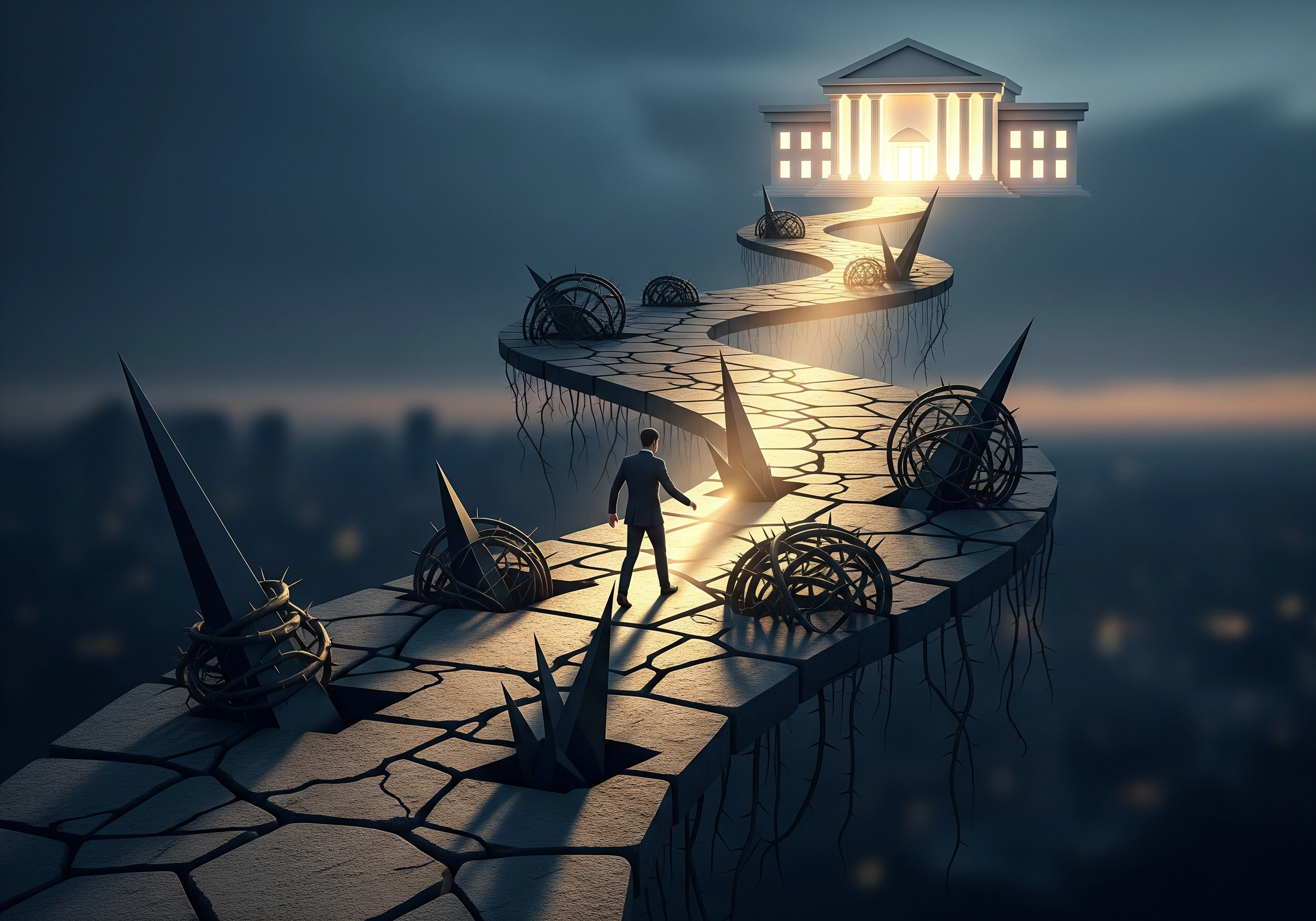 Man walking precarious path to Supreme Court building, symbolizing legal challenges.