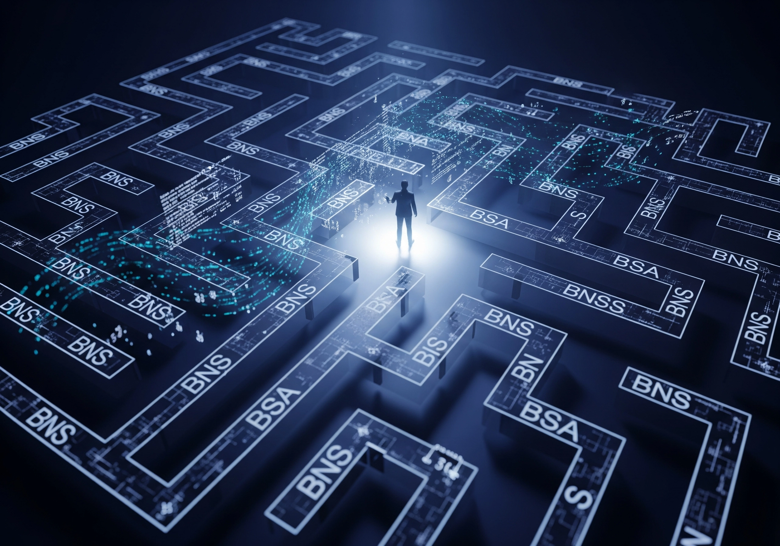 Silhouette of person in a digital maze, symbolizing navigating the legal system.