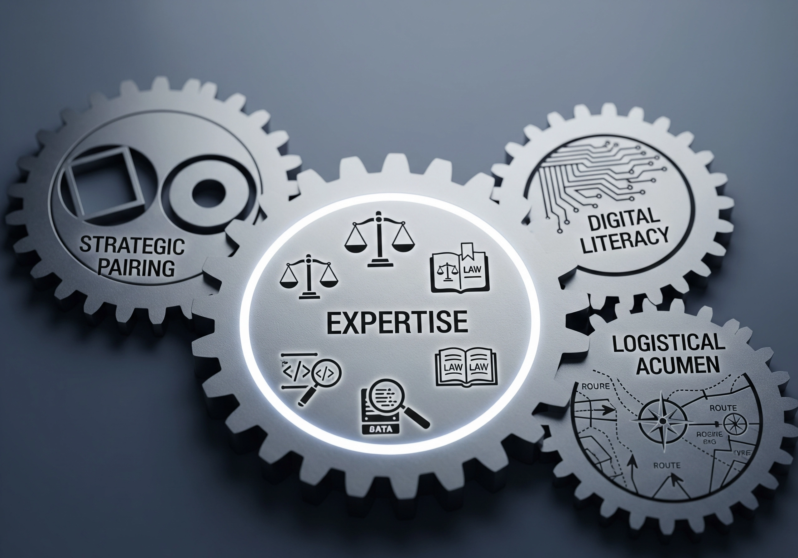 Gears with 'Expertise' and legal icons, representing a criminal defense lawyer's skills.