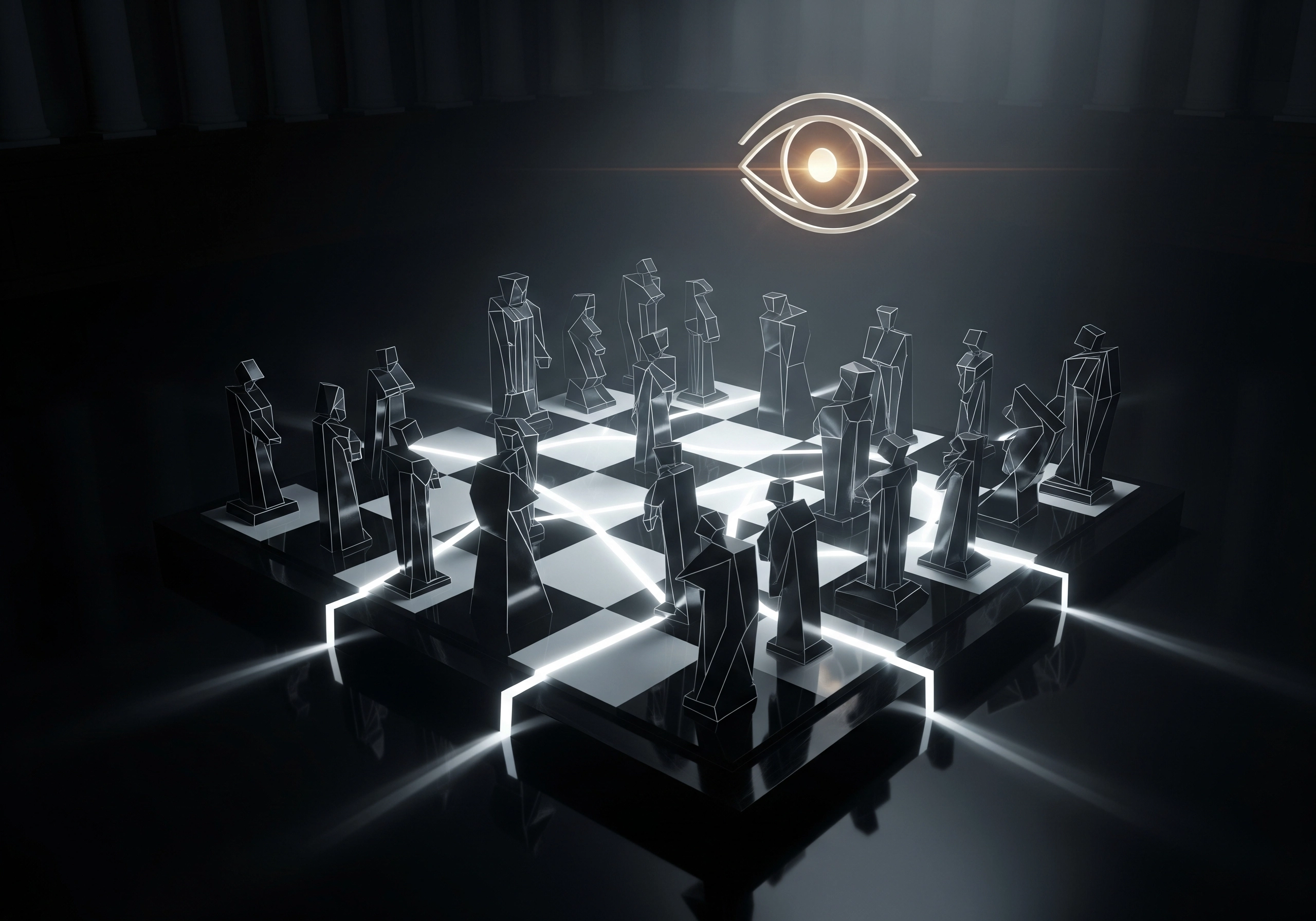 Illuminated chessboard with stylized pieces under a glowing eye symbol.