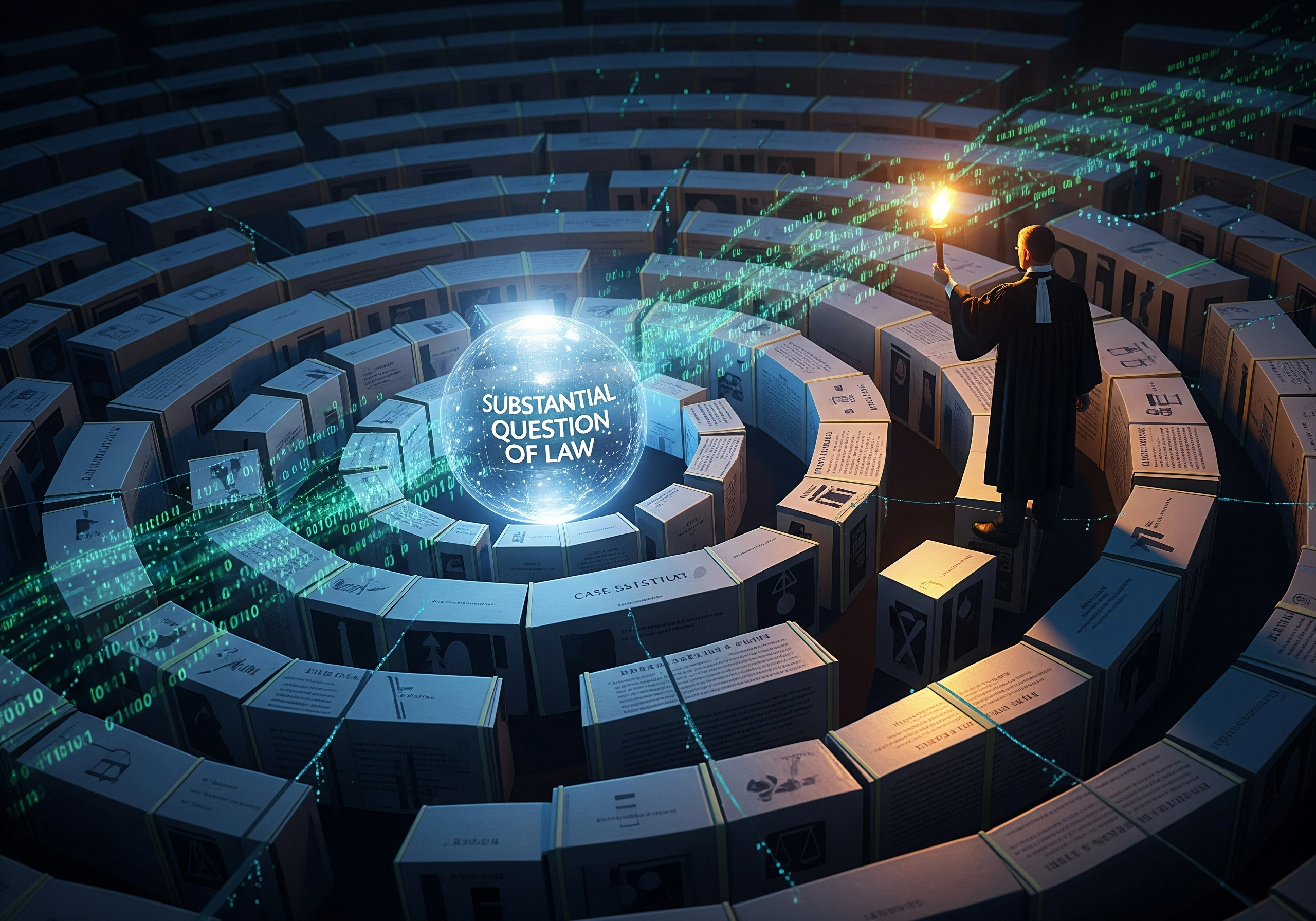 Advocate holding torch, navigating maze of legal case studies to address a substantial question of law.