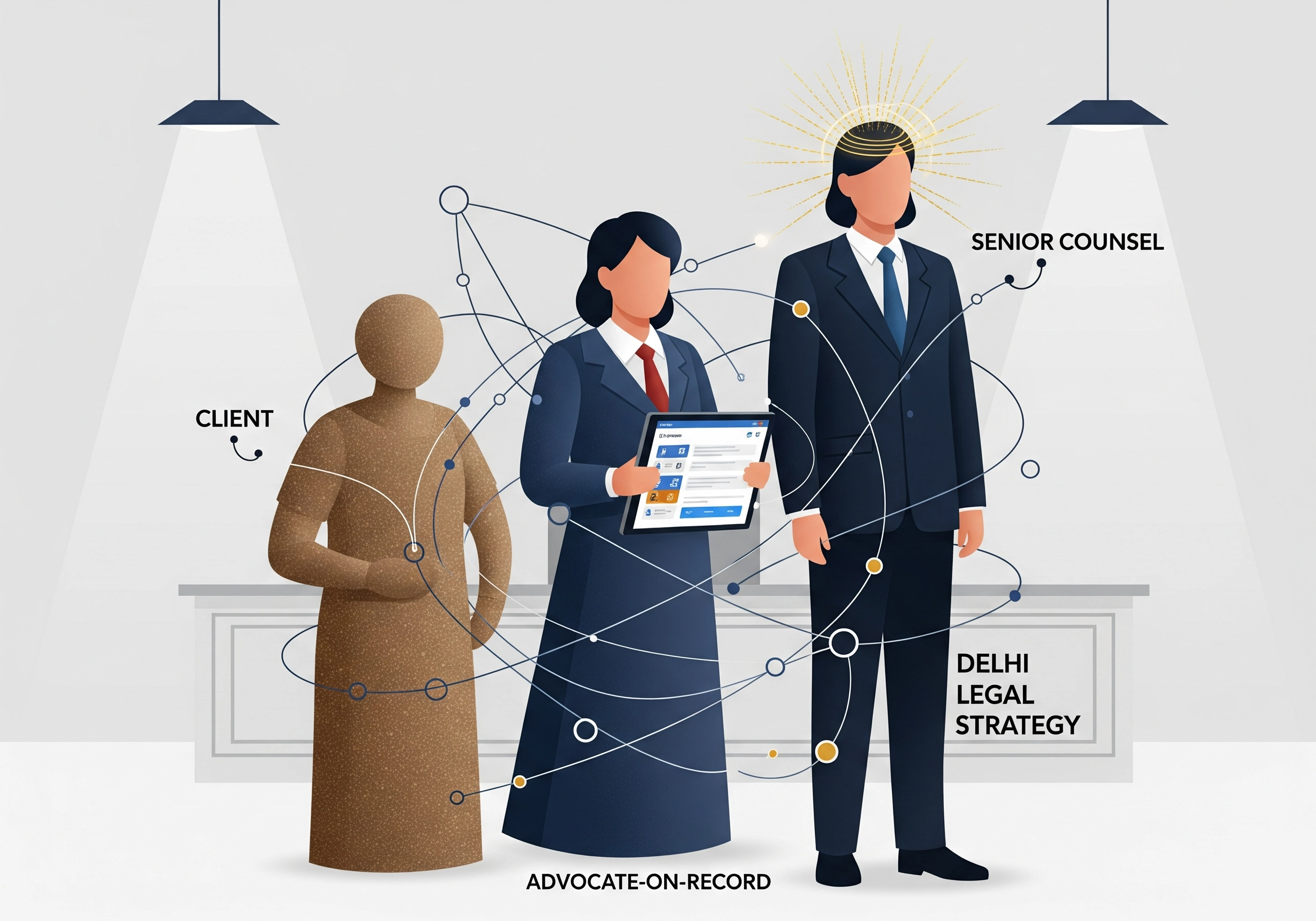 Illustration showing client, advocate, senior counsel, and Delhi legal strategy connected by network.
