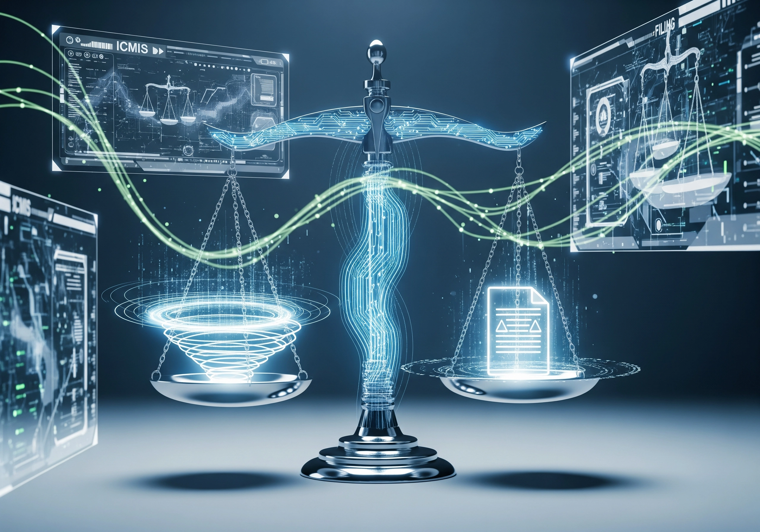 Digital scales of justice with circuit patterns, representing complex appeals in Delhi Supreme Court.