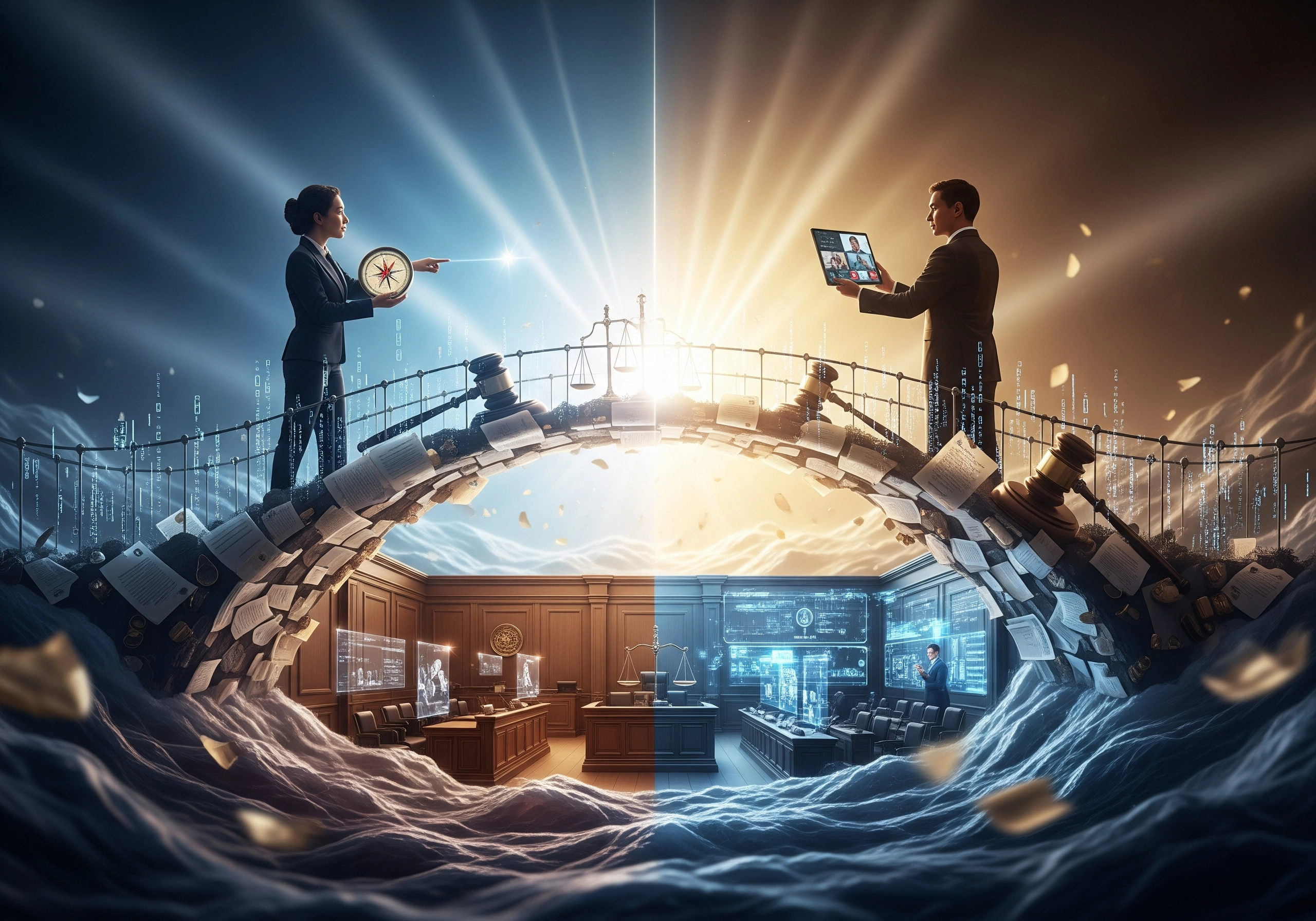 Lawyers on bridge made of books, representing legal partnership and Supreme Court appeal process.