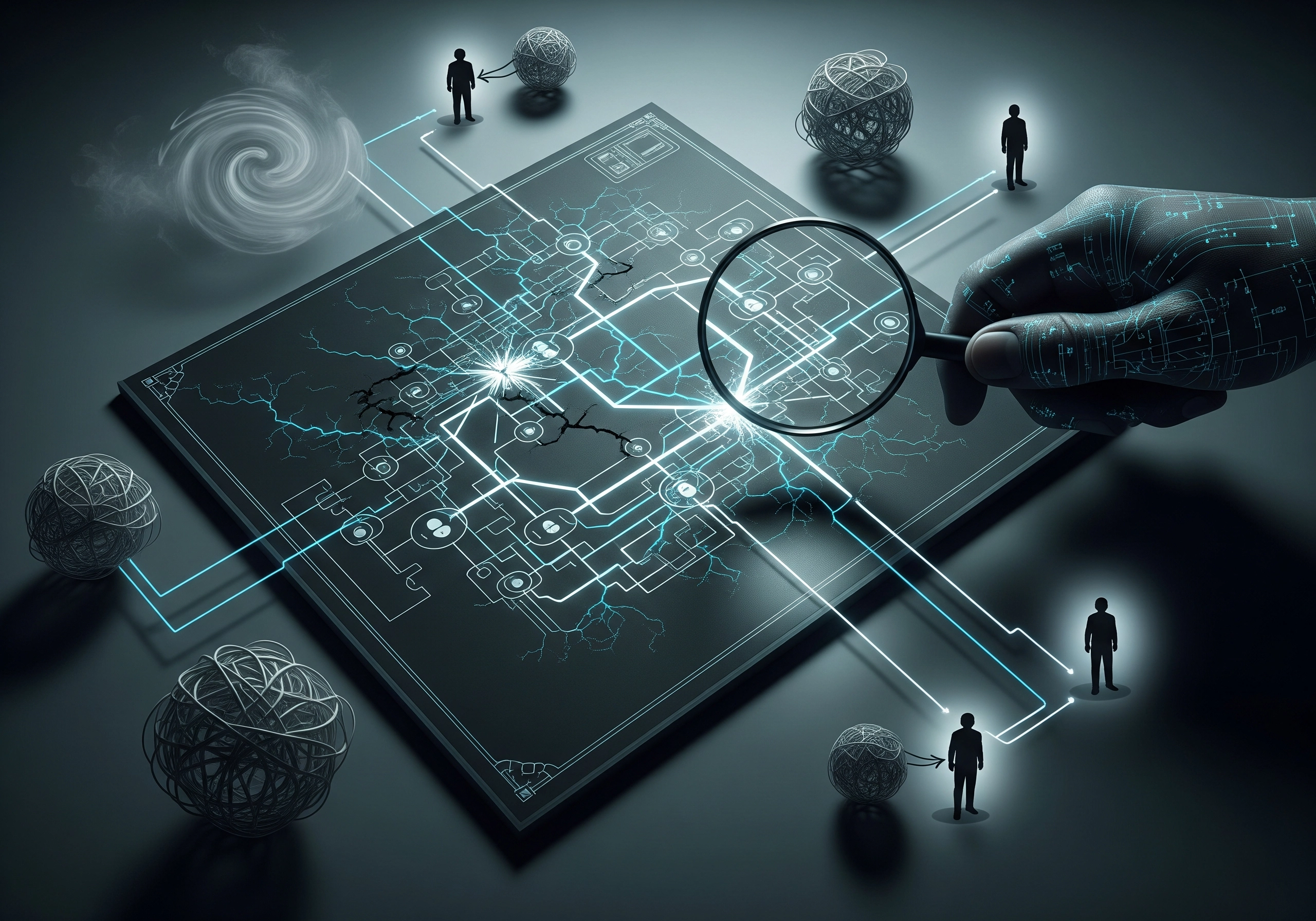Hand with magnifying glass analyzing a legal strategy map with interconnected nodes.
