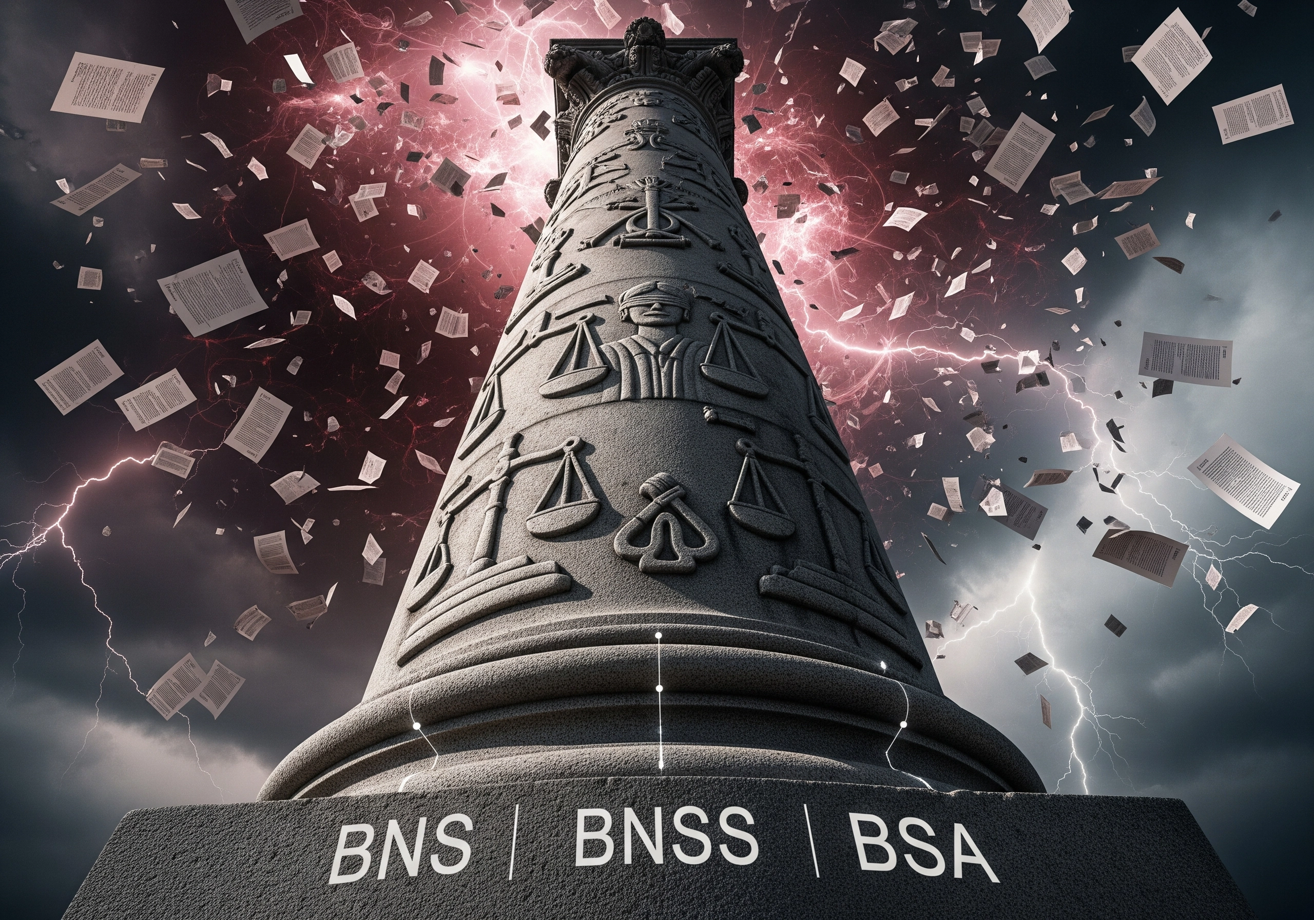 Pillar with justice symbols, documents, and lightning symbolizing a criminal appeal.