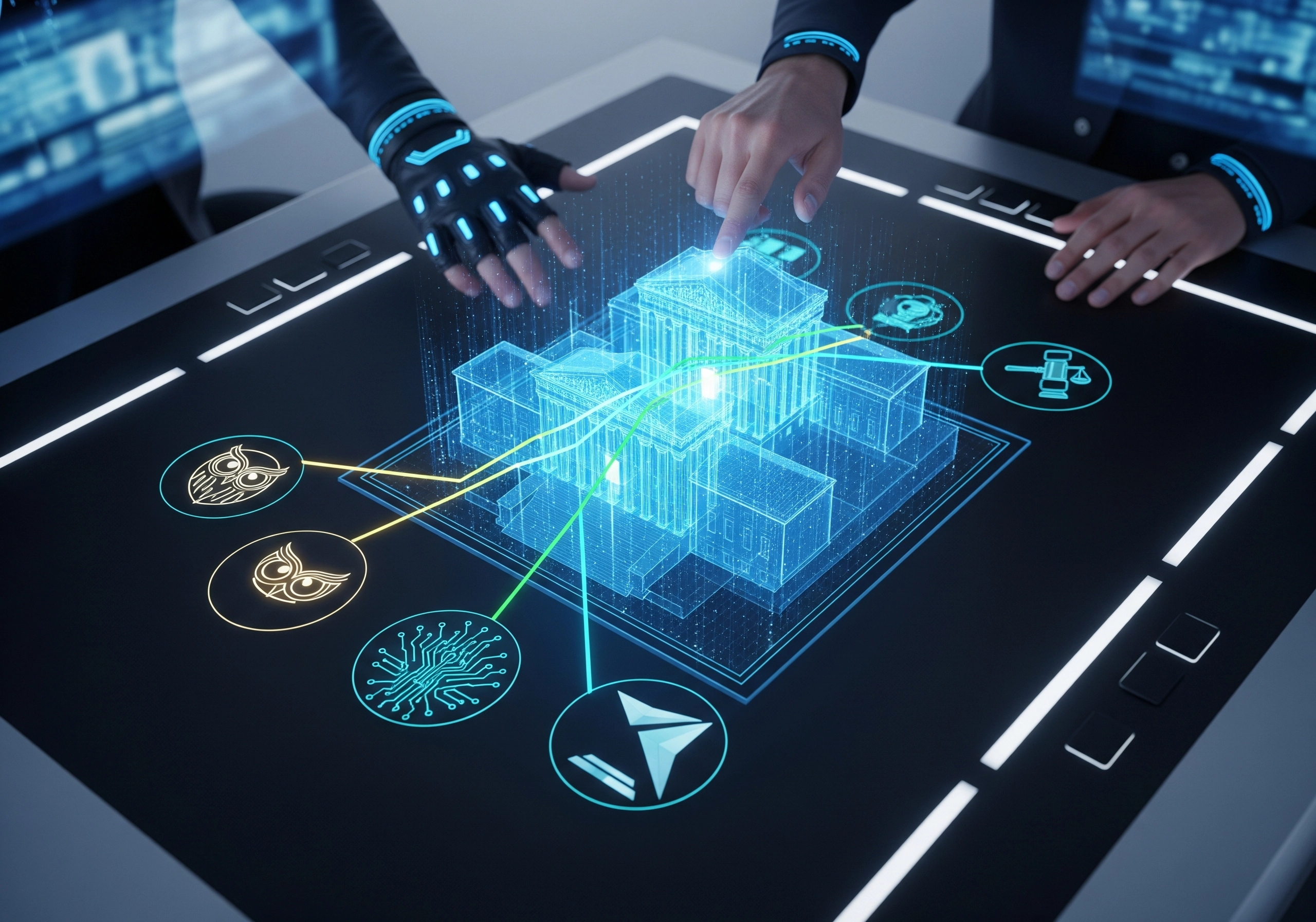 Hands interact with holographic Supreme Court model, planning legal strategy.