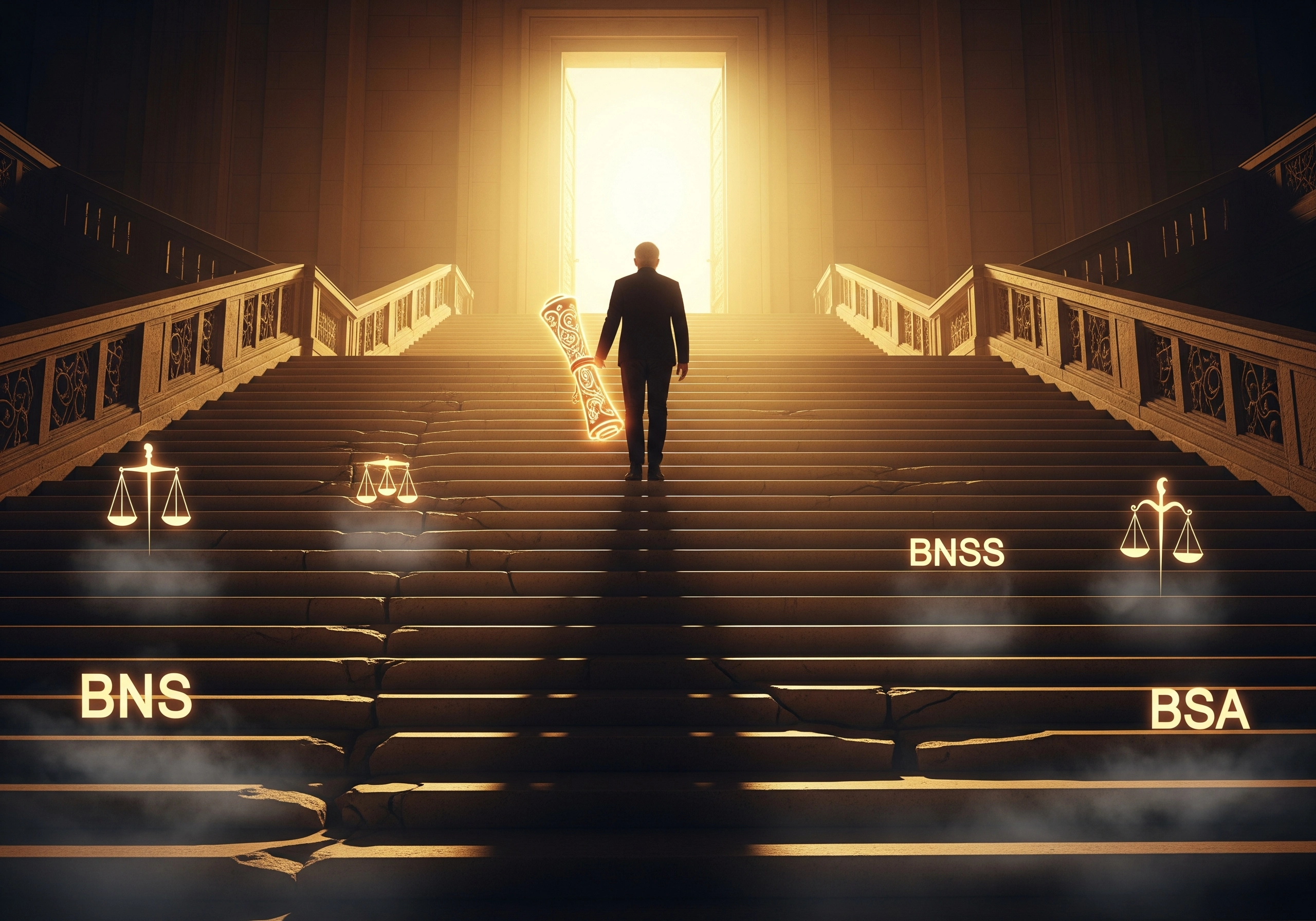 Man walks up stairs toward light, holding a scroll, symbolizing a Supreme Court criminal lawyer's path to unyielding defense.