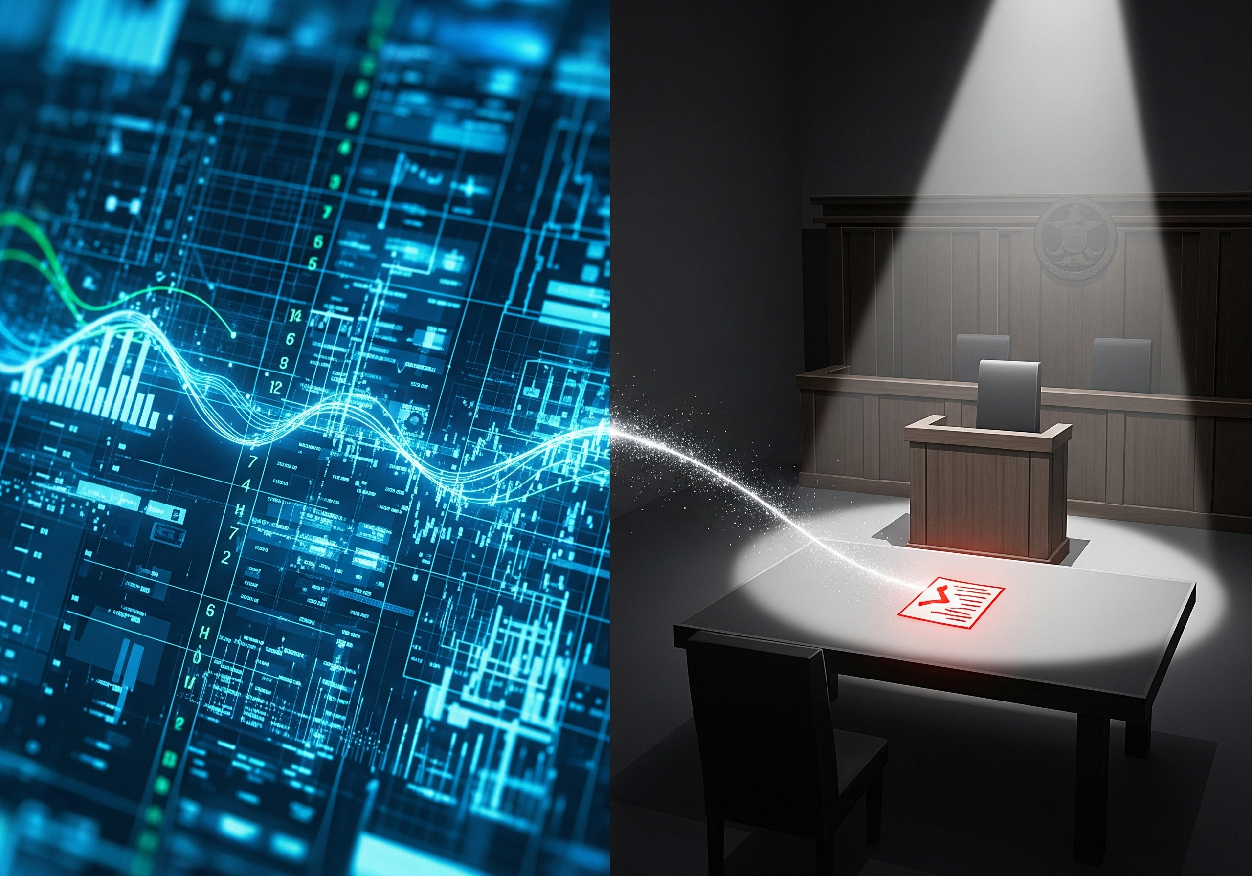 Digital data flowing from complex algorithms to a courtroom, depicting expert legal counsel in a criminal case.