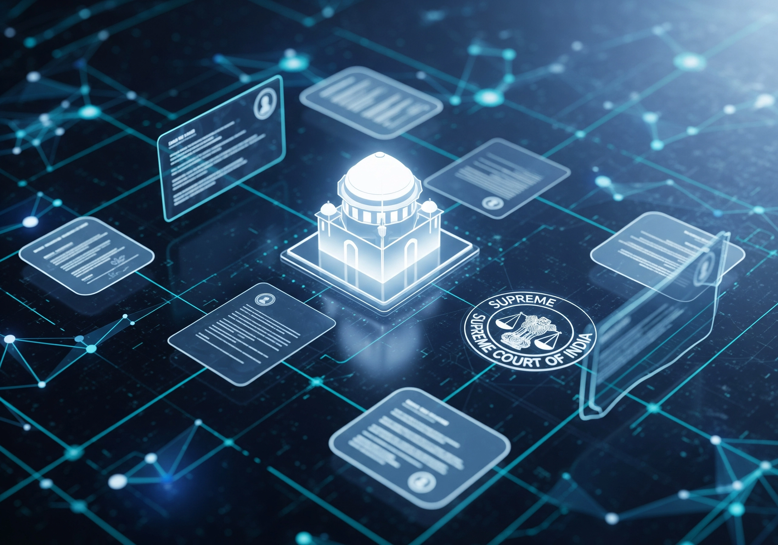 Digital Supreme Court of India hologram surrounded by document icons, symbolizing Delhi advocate search.