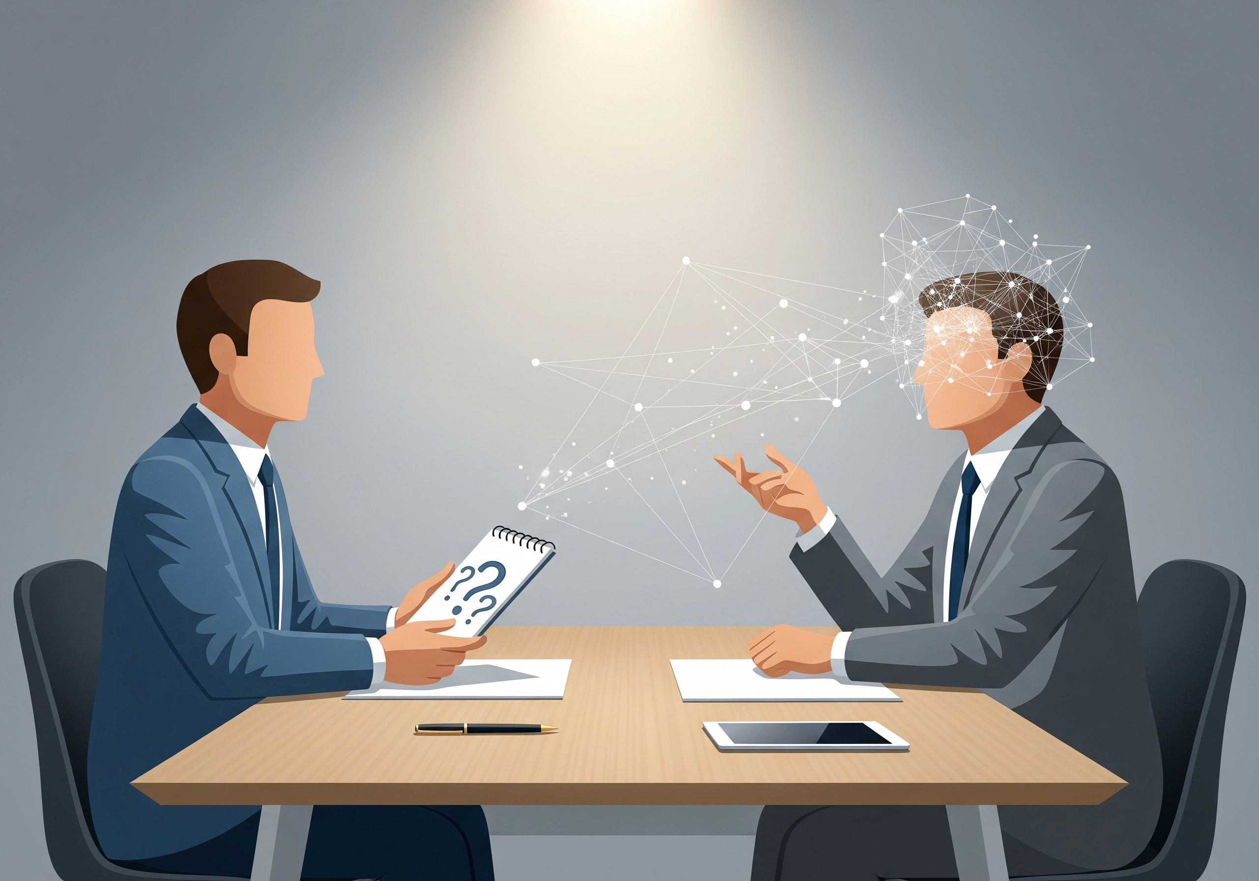 Two men in suits at a table, one holding a notepad with question marks.