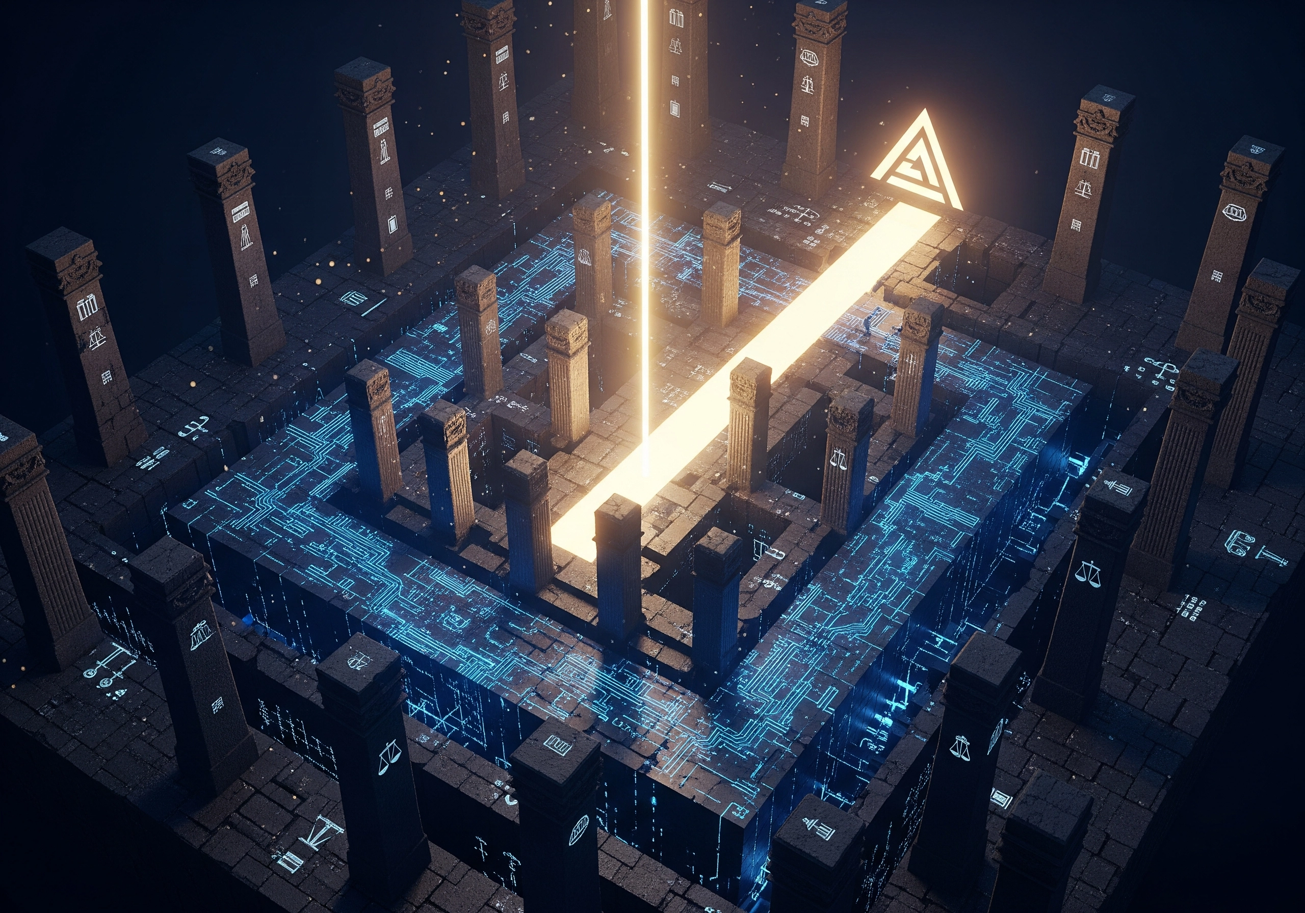 Abstract maze with glowing arrow and pillars with hieroglyphs.