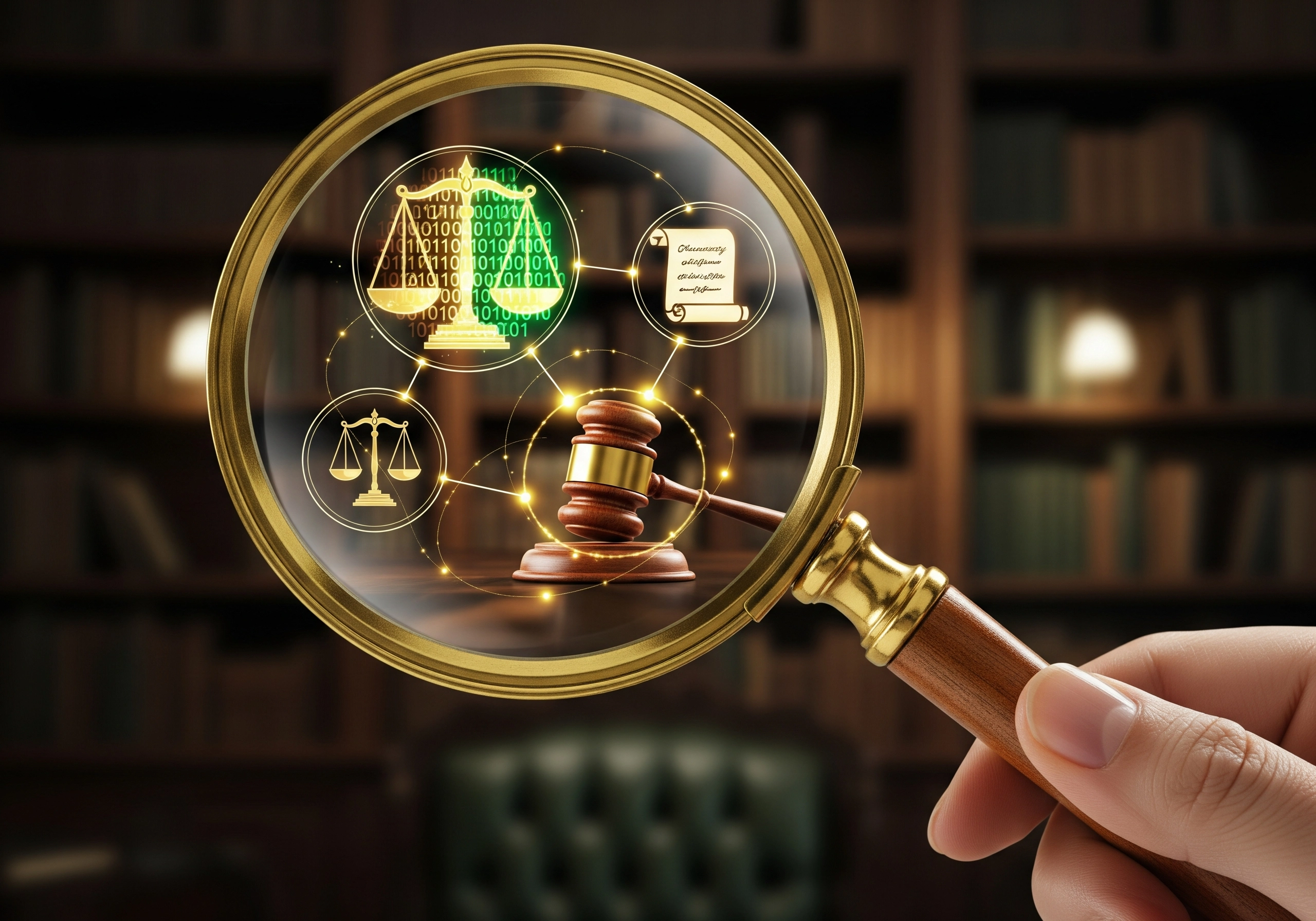 Hand holding magnifying glass over gavel; represents a Supreme Court criminal lawyer.