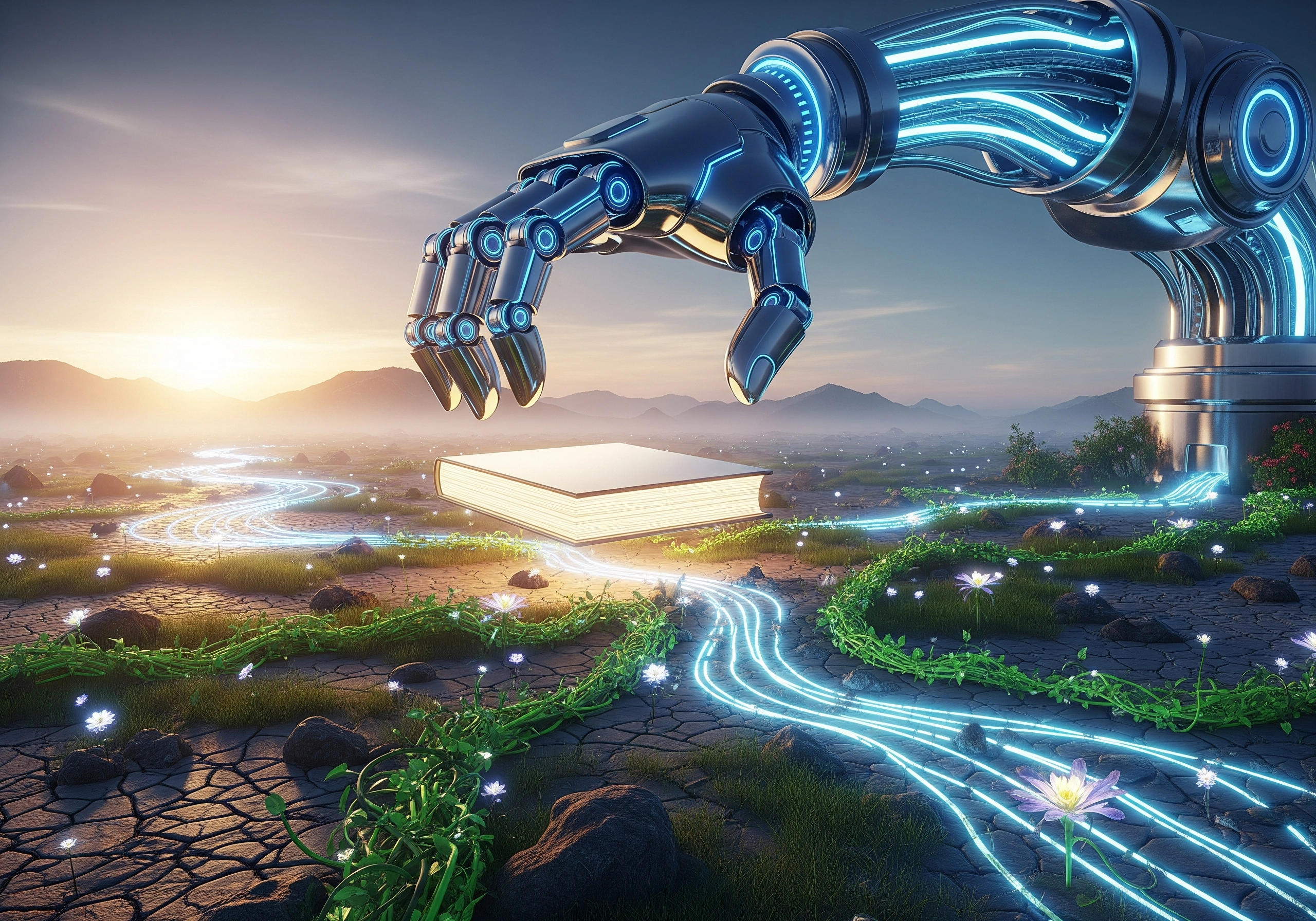 Robotic arm reaching for book, glowing trails, AI SEO writing concept.