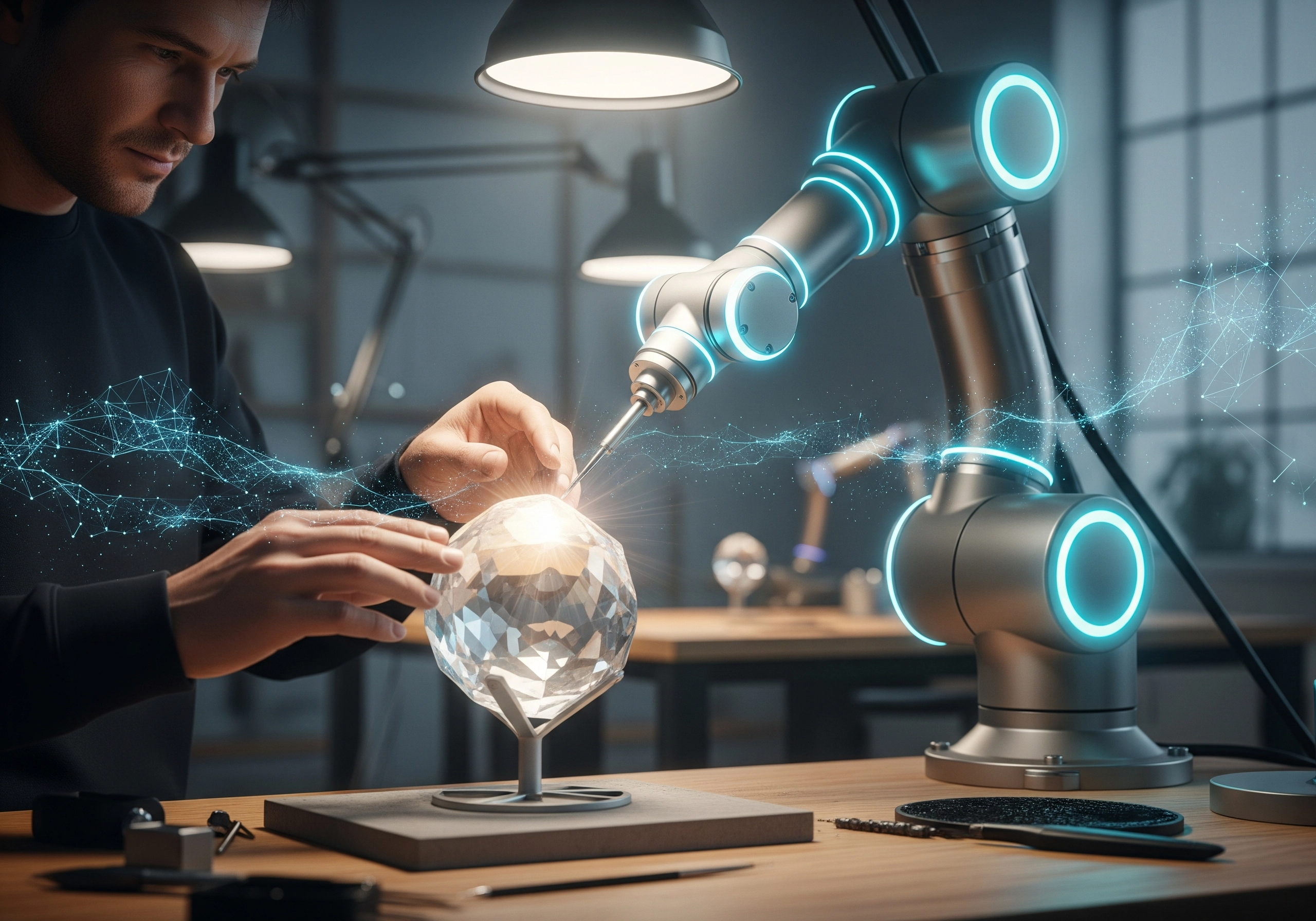 Man using robotic arm to craft crystal, illustrating AI in manufacturing.