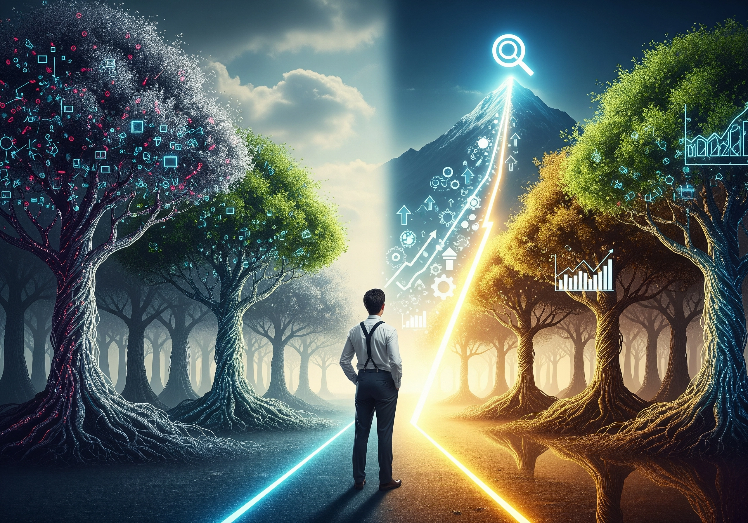 Man standing between two paths, one leading to SEO success and growth.