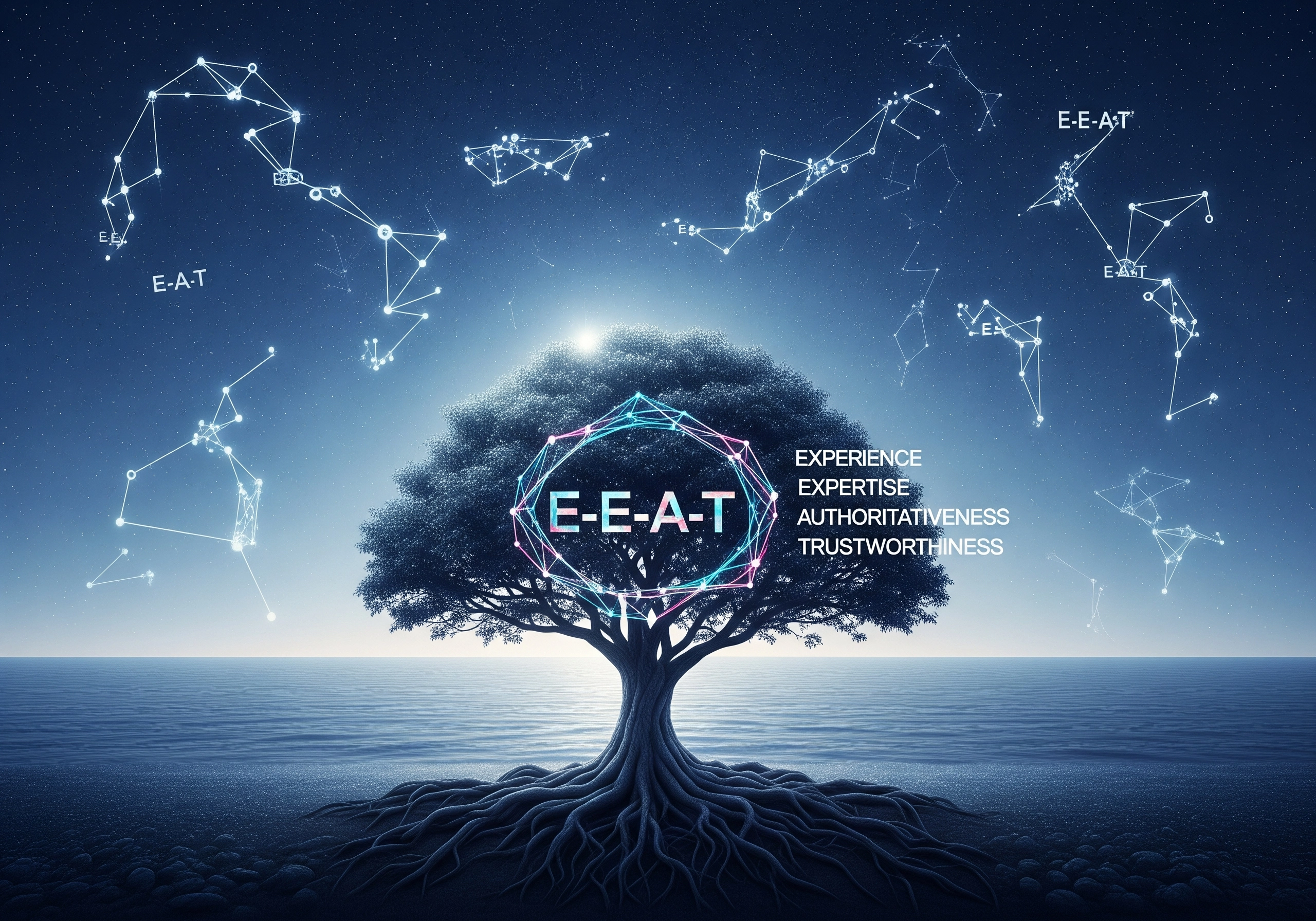 Tree with 'E-E-A-T' (Experience, Expertise, Authoritativeness, Trustworthiness) and constellation.
