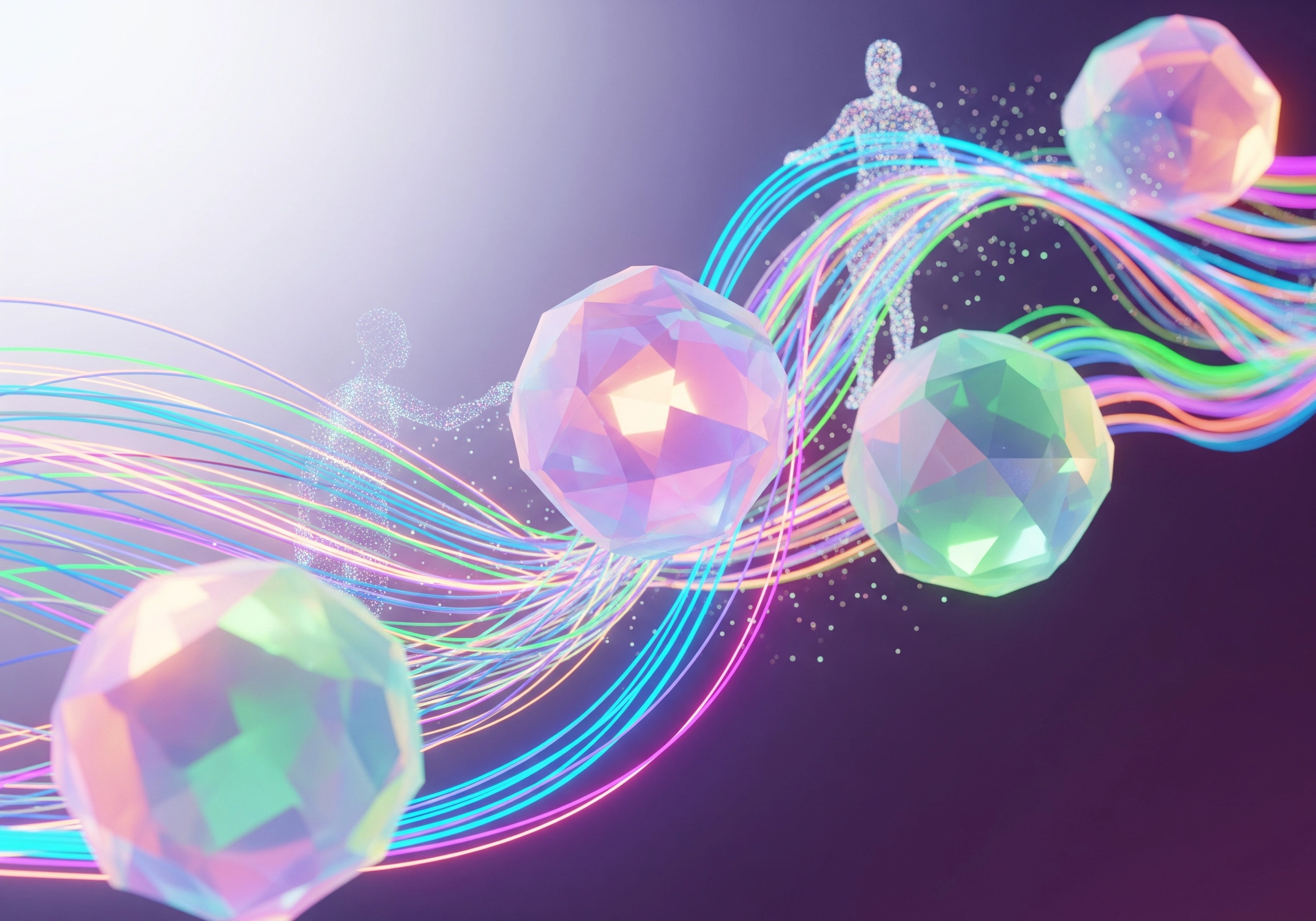 Abstract geometric shapes with colorful lines and human figures. AI writing tools.