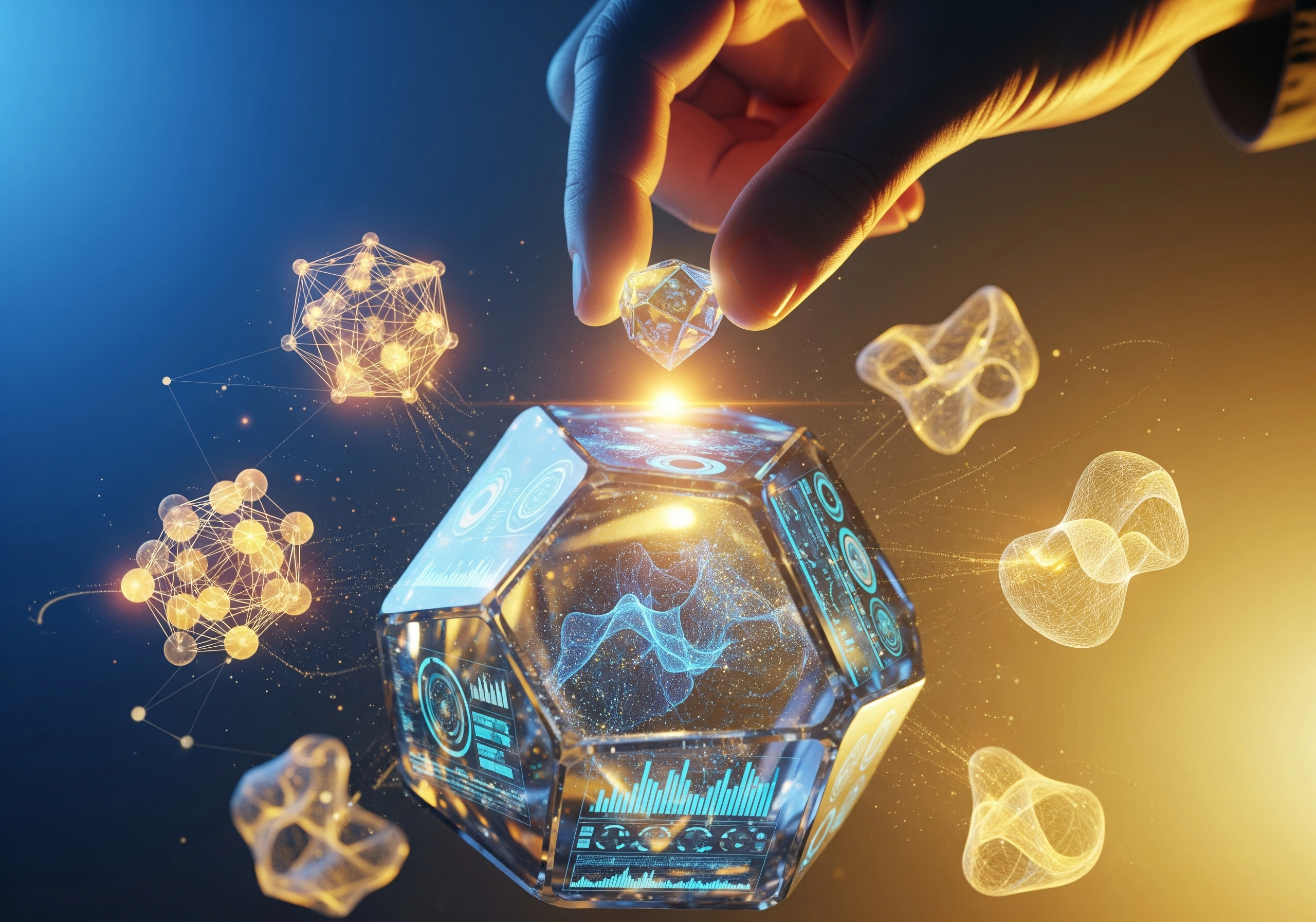 Hand placing geometric shape on larger form, suggesting AI SEO writing tools.