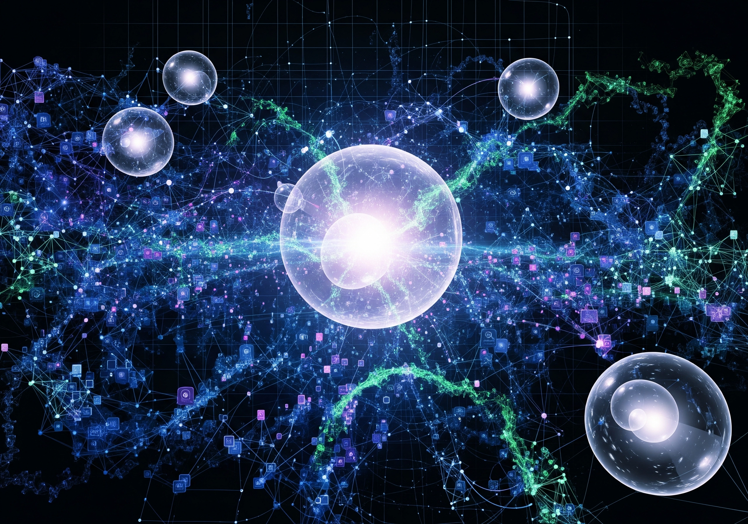 Abstract network of glowing spheres and interconnected lines in blue and green.