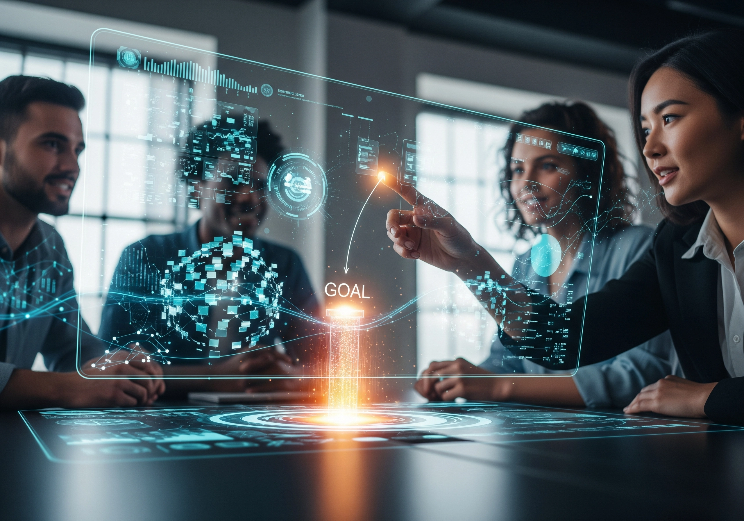 Team analyzing AI SEO content generator data on holographic display, focused on goal.