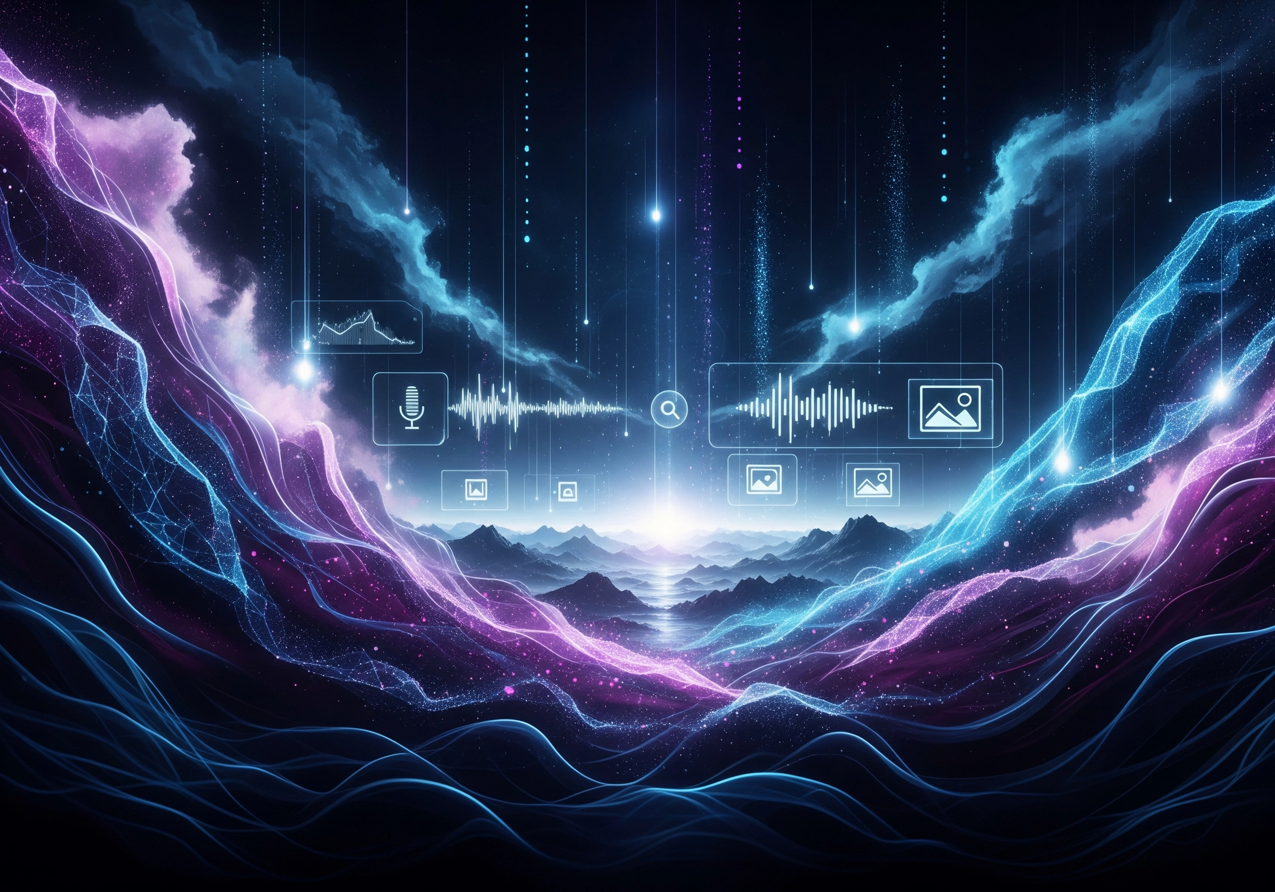 Abstract digital landscape with icons, symbolizing AI SEO writing tools and content creation.