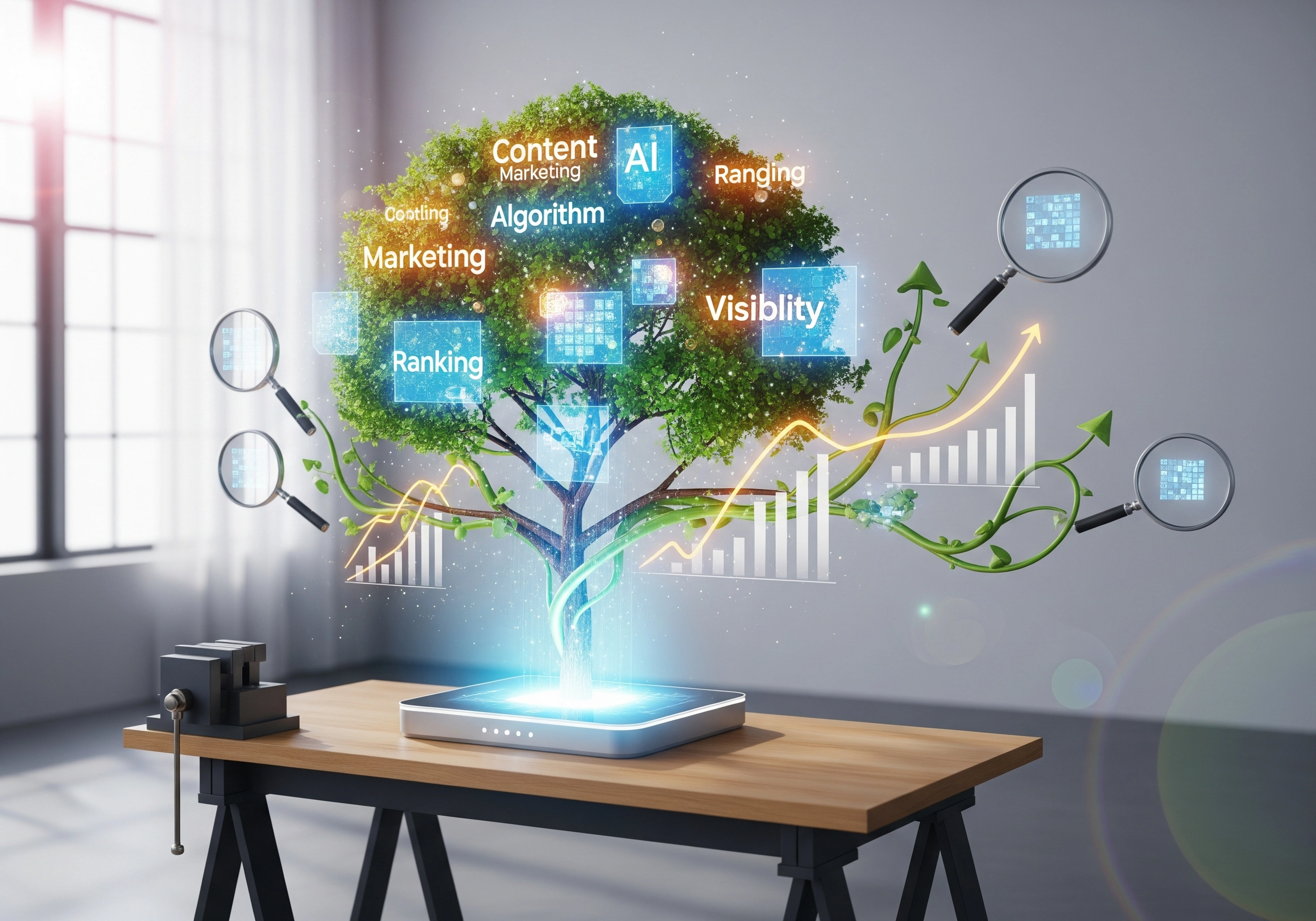 SEO concept tree with keywords: content, marketing, AI, ranking, visibility. AI SEO tools.