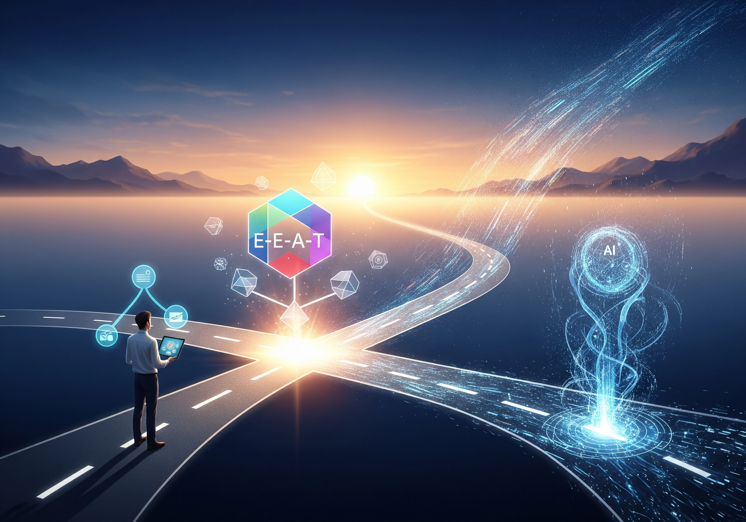 Man with tablet at E-E-A-T crossroads, AI SEO content generator leading to the future.