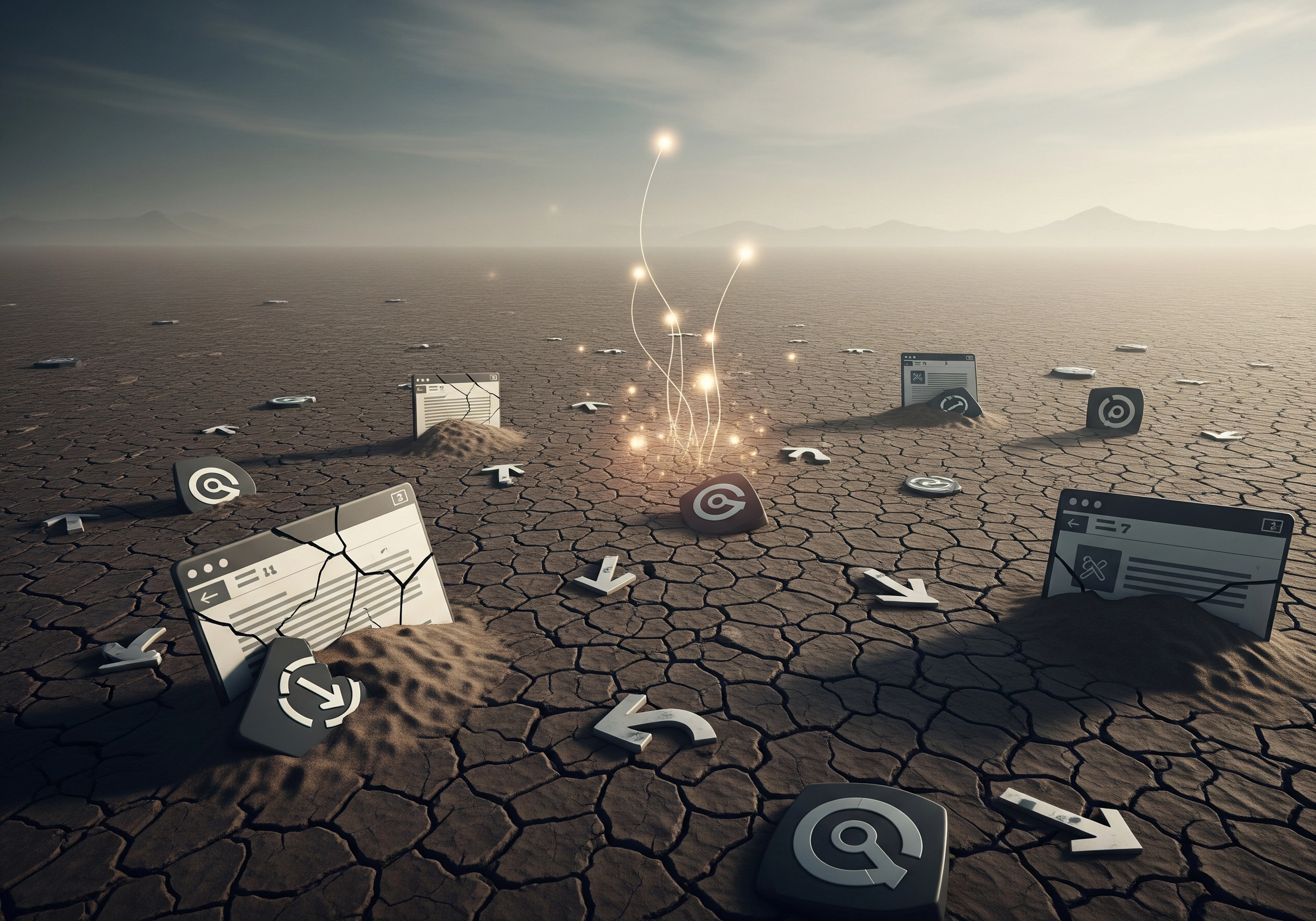Cracked earth with broken website icons and arrows, representing content decay.