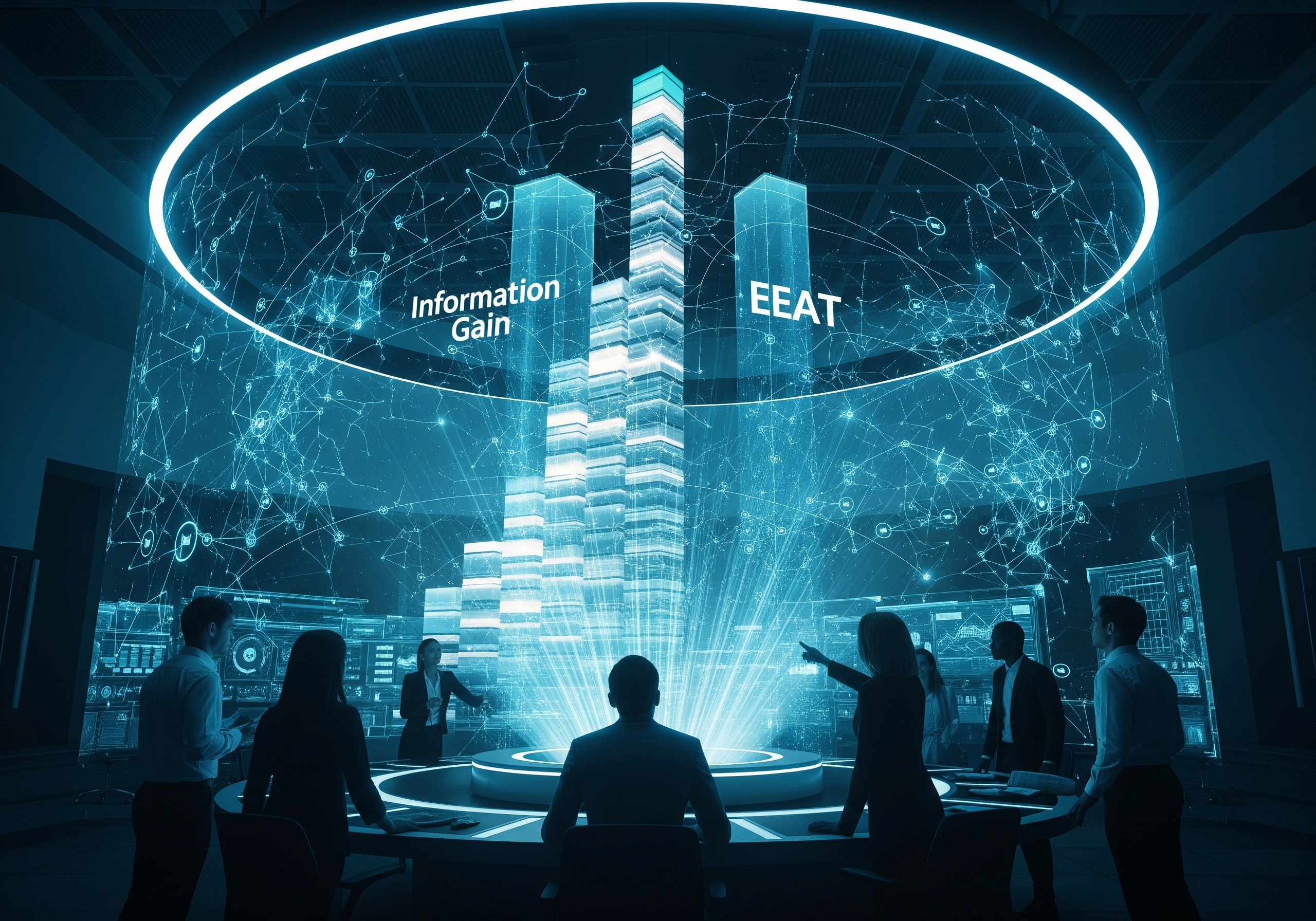 Business meeting around holographic SEO data projecting Information Gain and EEAT.