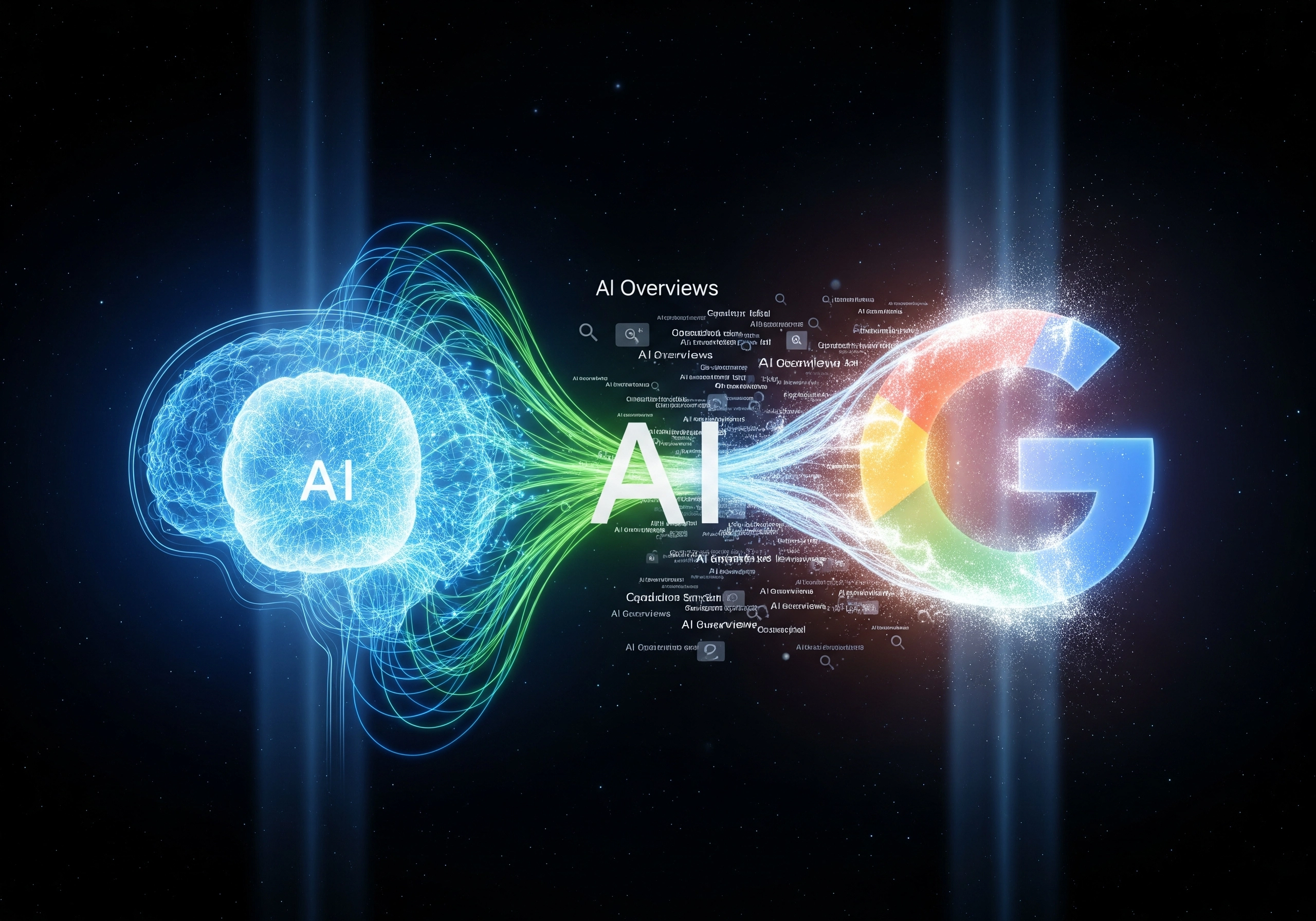 AI brain connecting to Google logo, representing AI SEO content generation.