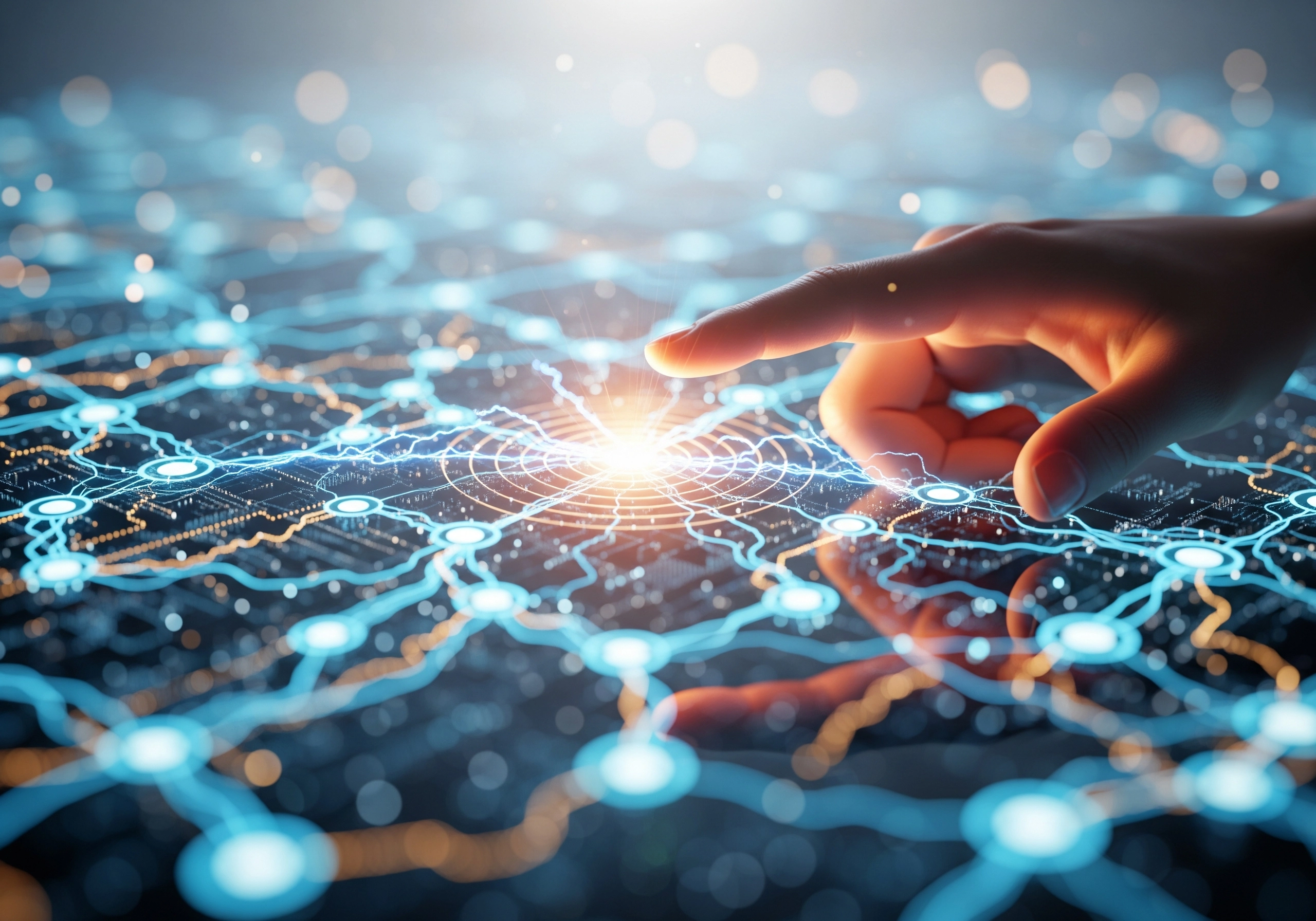 Finger touching glowing node on circuit board, AI SEO writing tools concept.