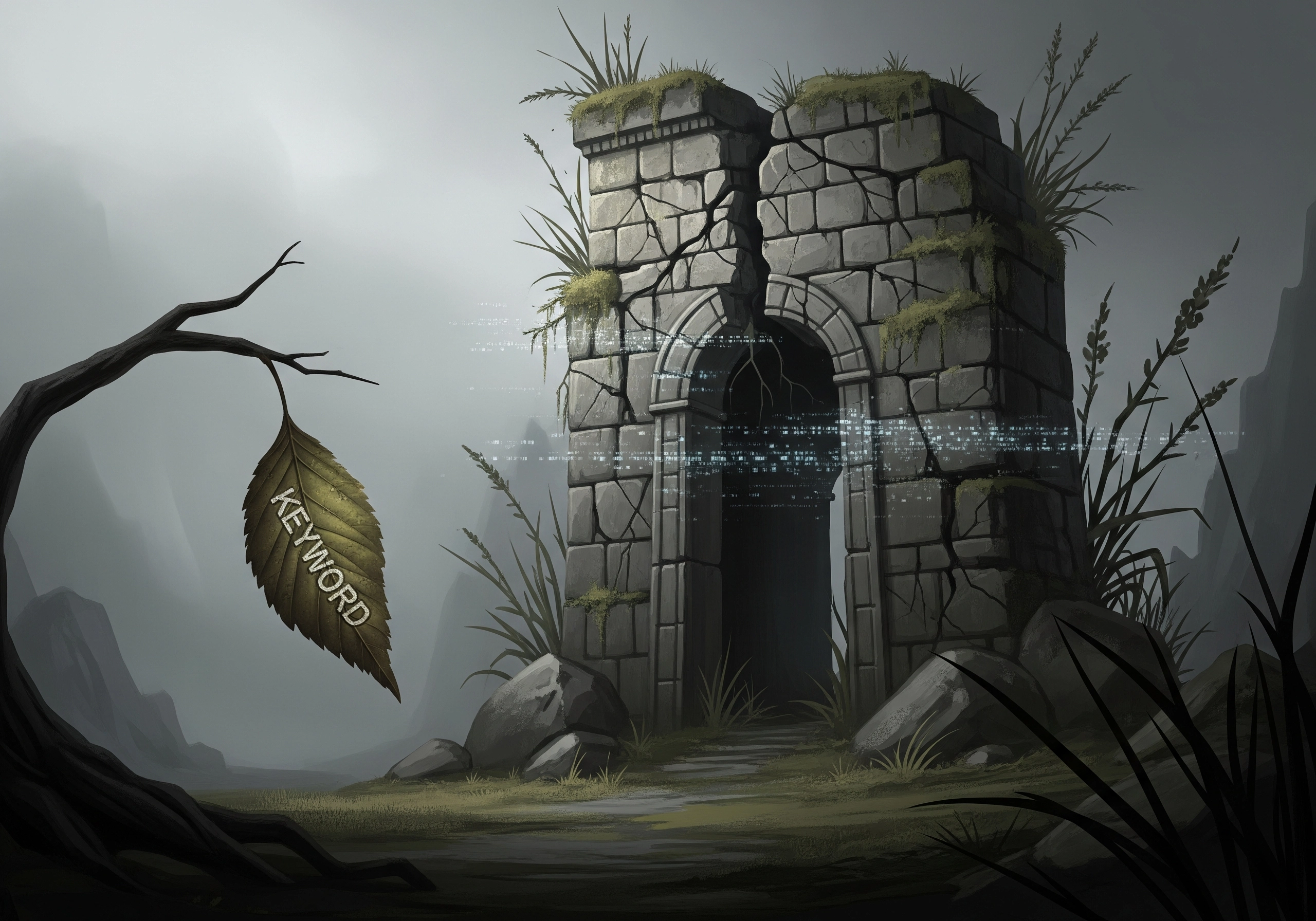 Stone archway with digital code and a 'Keyword' leaf, symbolizing SEO's foundation.