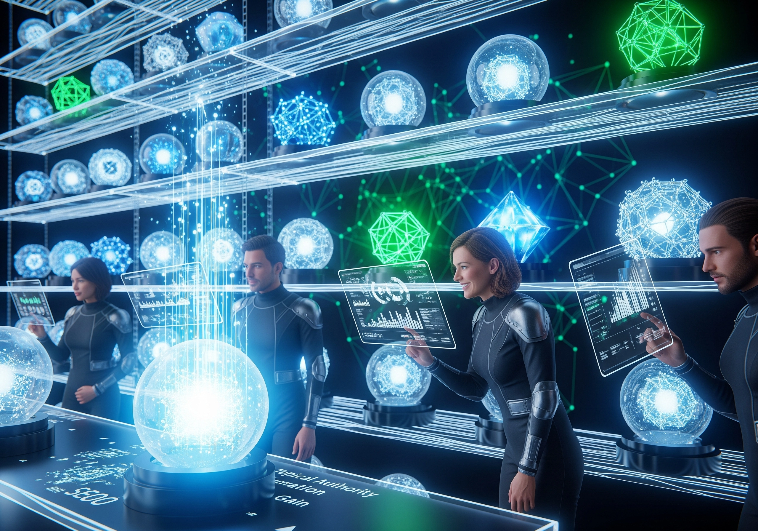 People analyzing data on tablets, possibly related to AI SEO content generator tools.