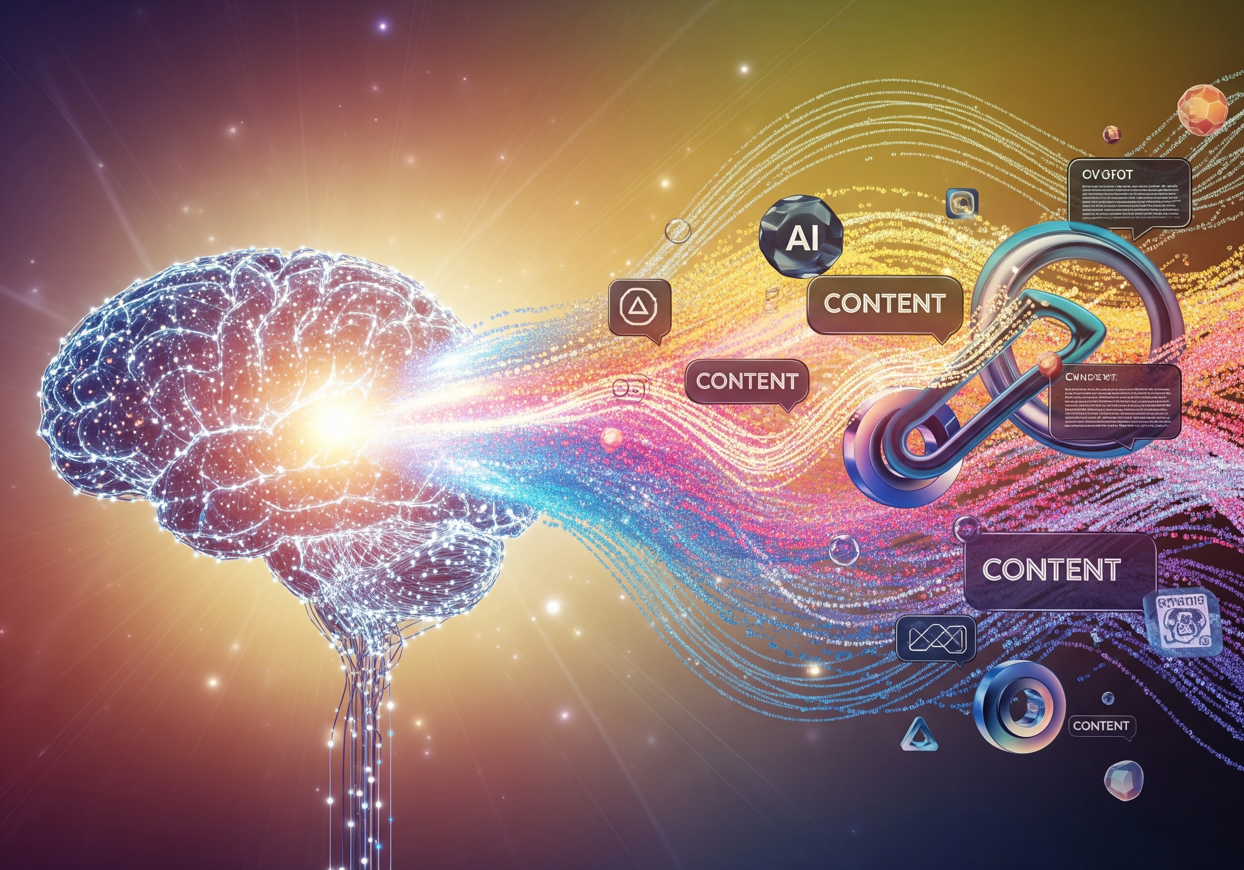 AI content brain with content elements, illustrating AI SEO content generation.