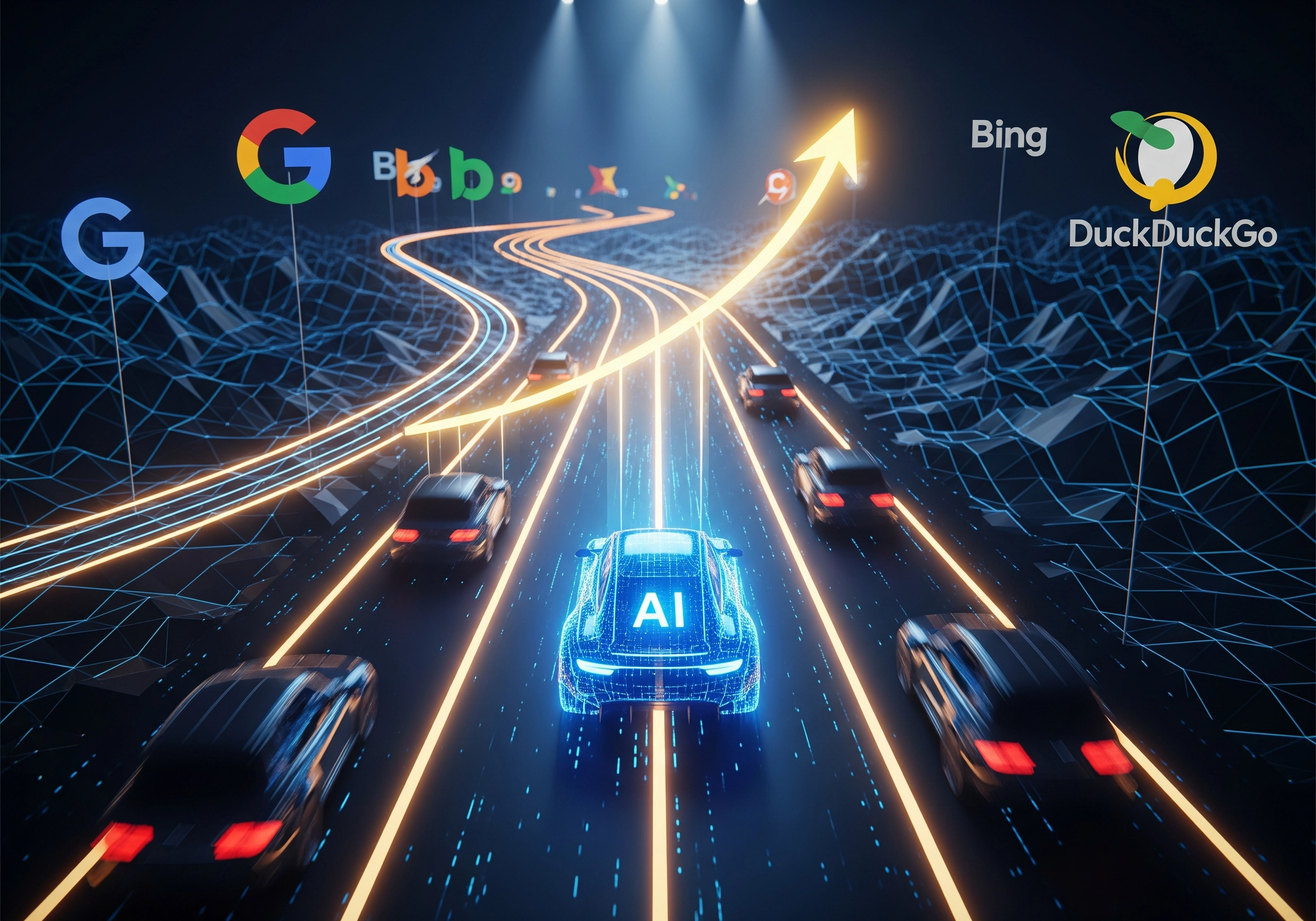 AI car leading search engine traffic, representing AI SEO blog outranking competitors.