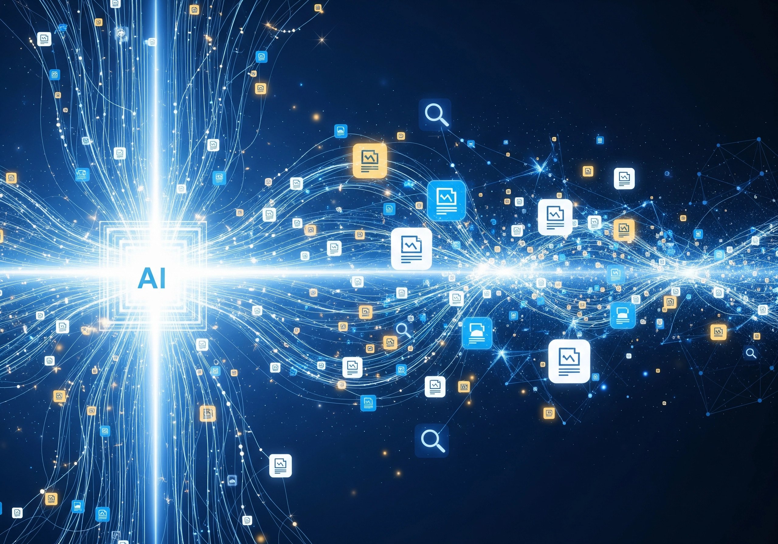 AI data stream with content icons for SEO content generation tools.