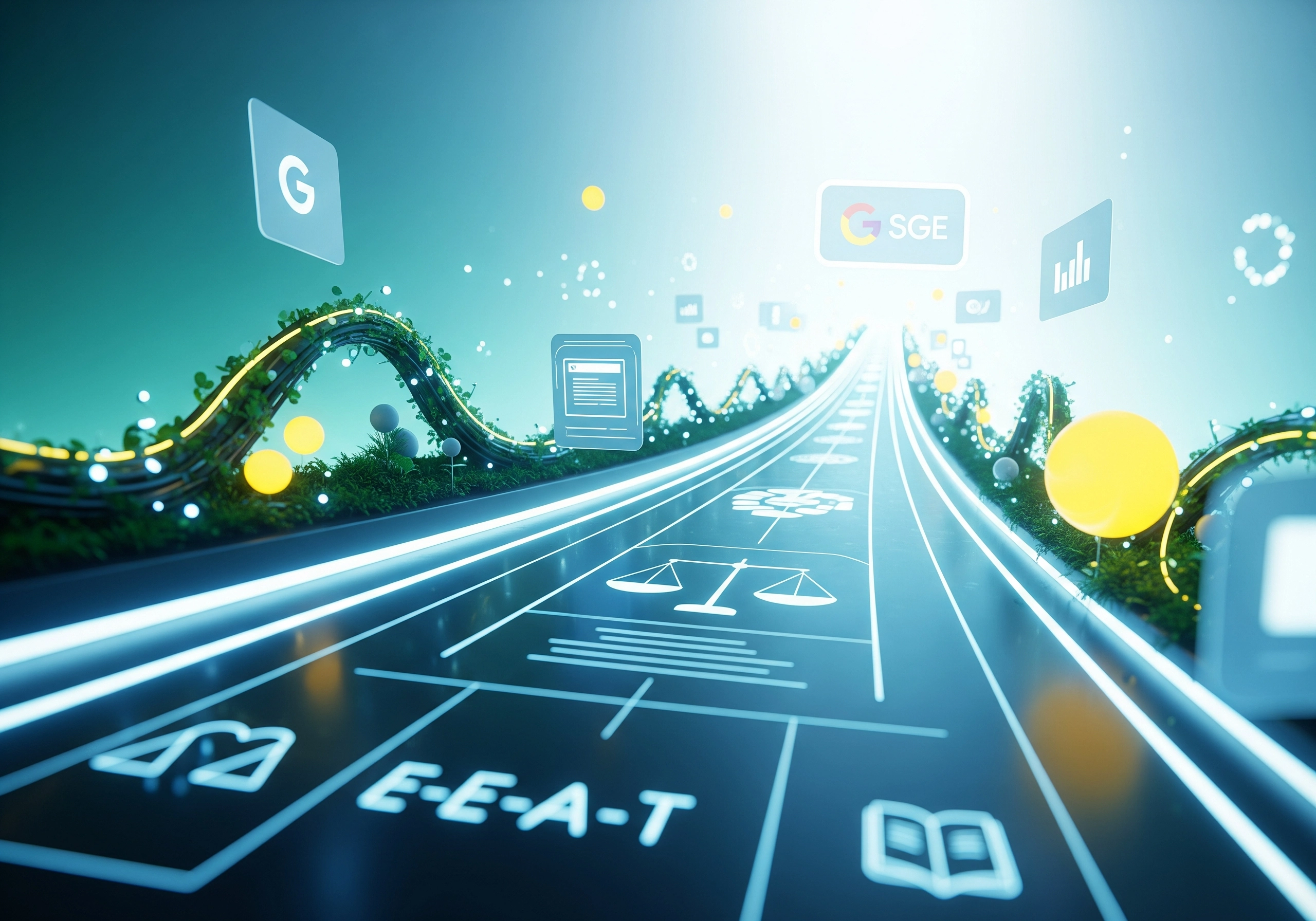 E-E-A-T concept road with Google and SGE icons for SEO blog content.