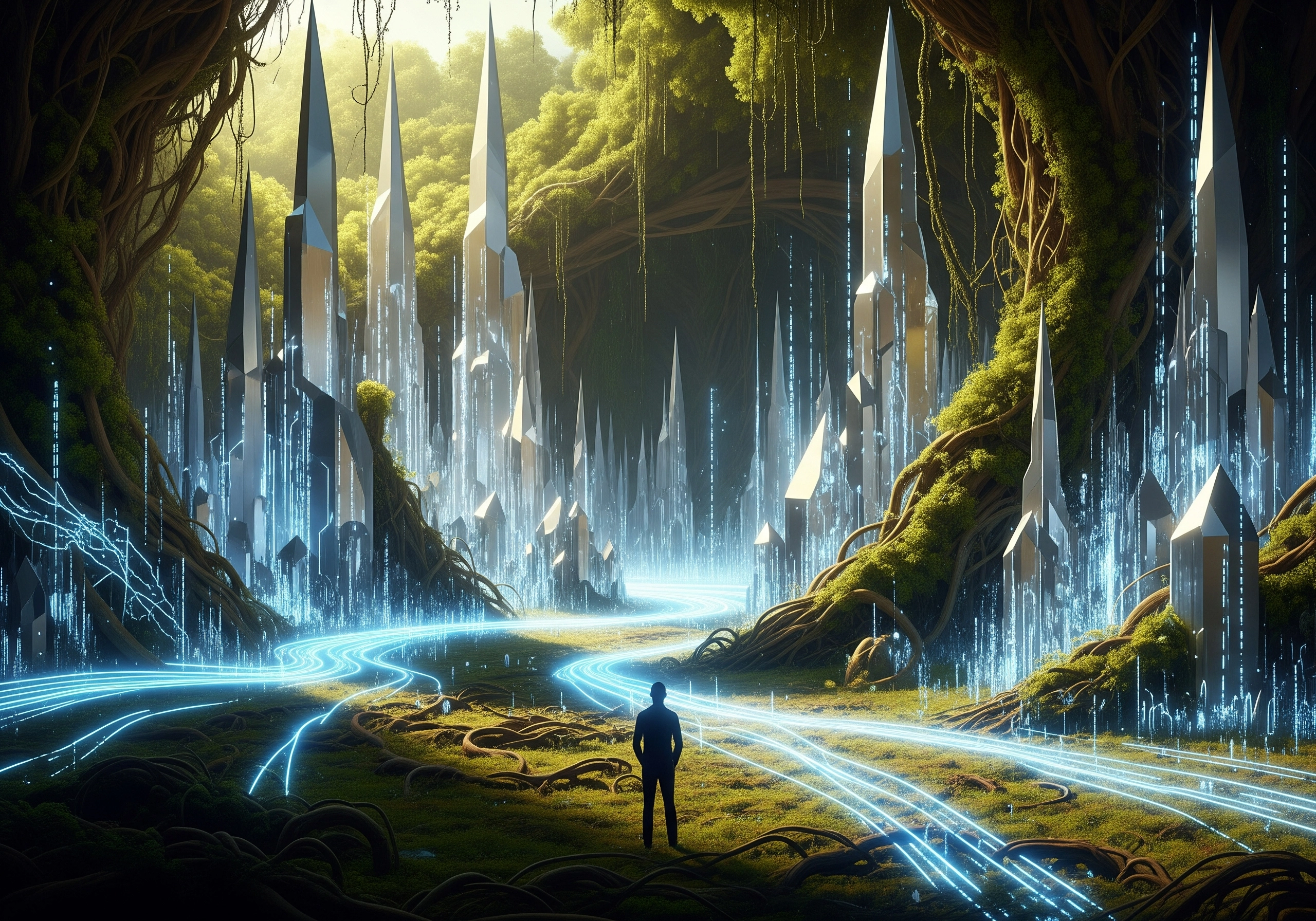 Person gazing at futuristic crystal city with glowing blue streams.