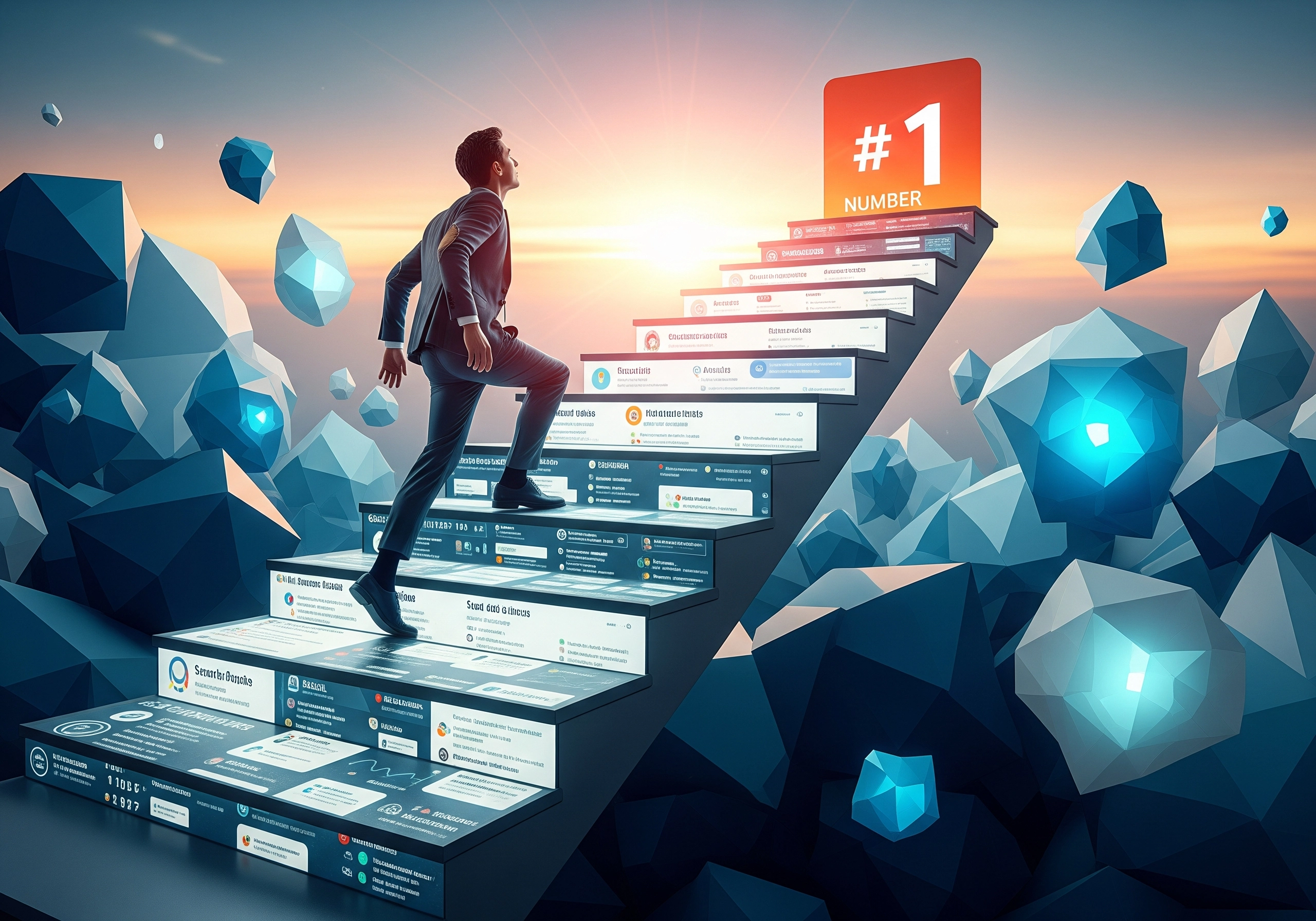 Man climbing stairs to #1, representing SEO ranking success.