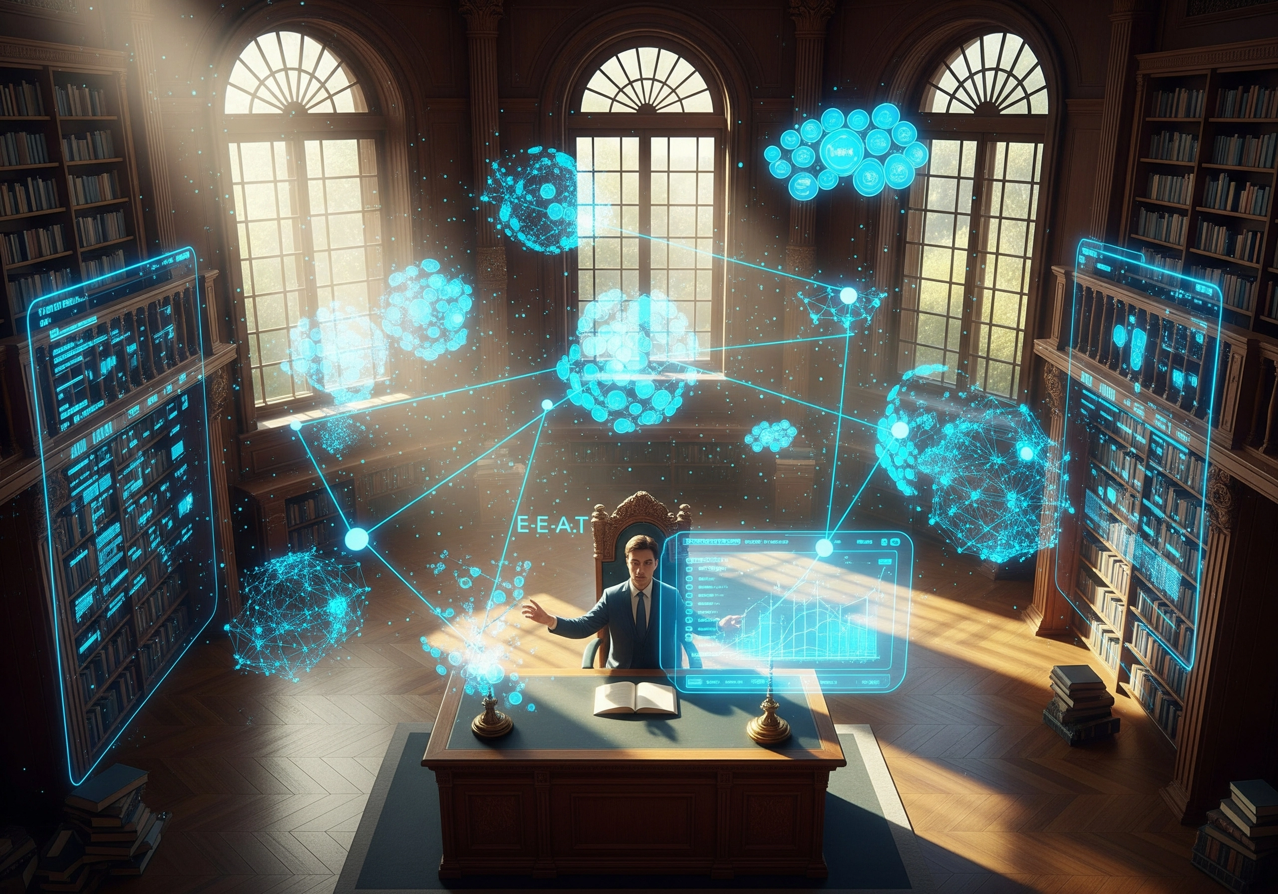 Man in library with 3D data visualizations. AI SEO writing tools at work.