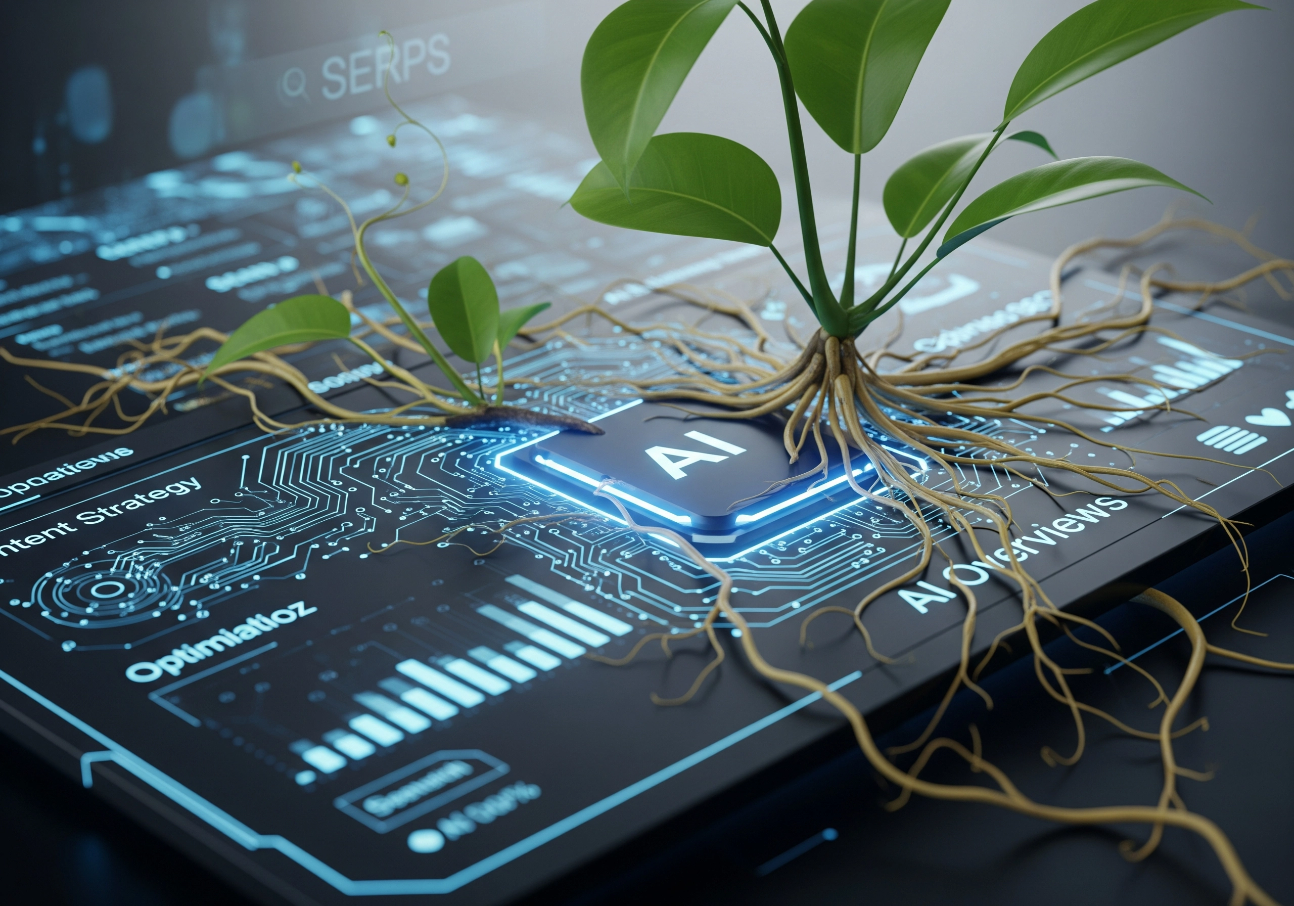 Plant growing from AI chip on digital SEO content strategy dashboard.