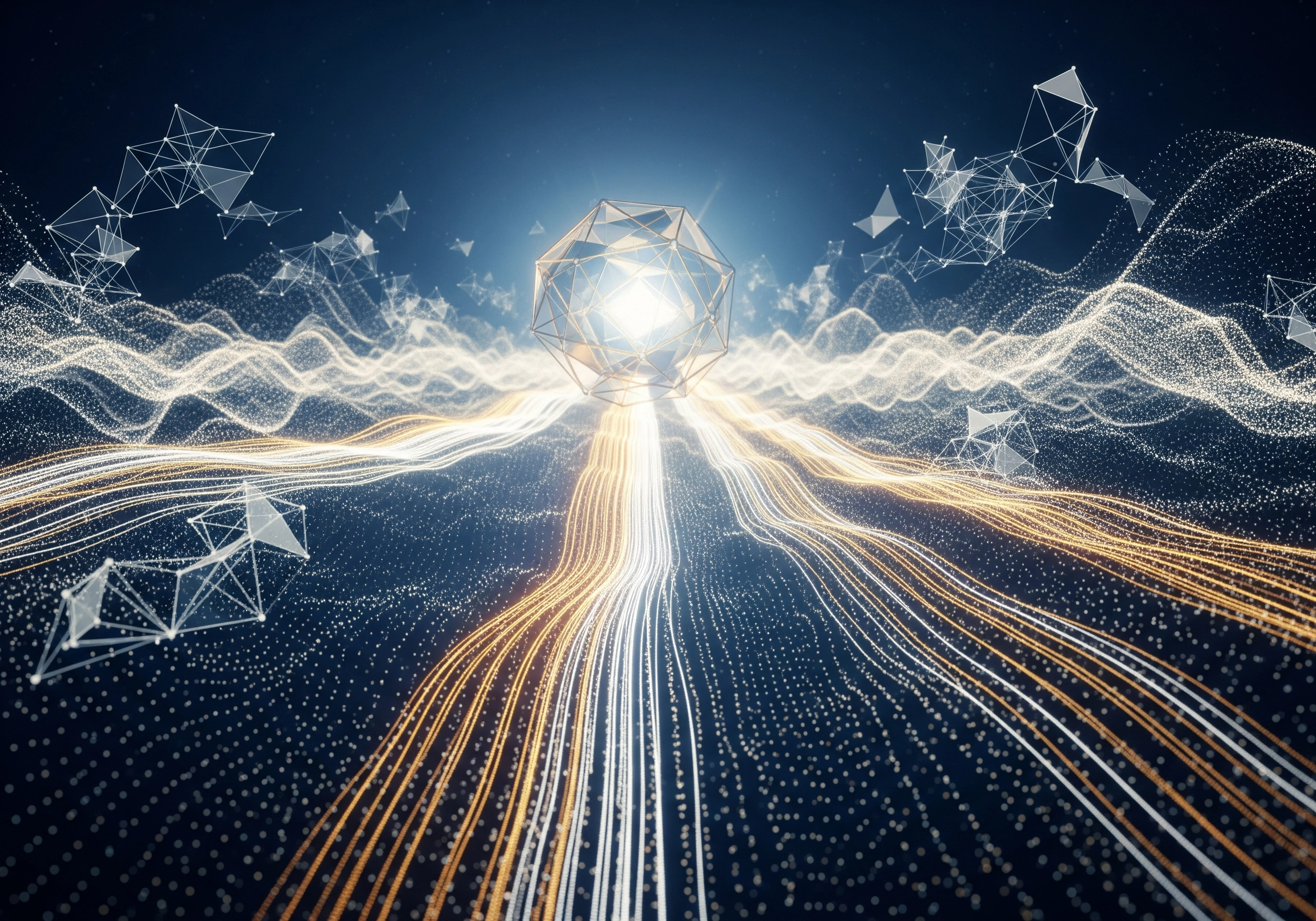 Abstract network with glowing sphere, representing AI SEO blog generator.