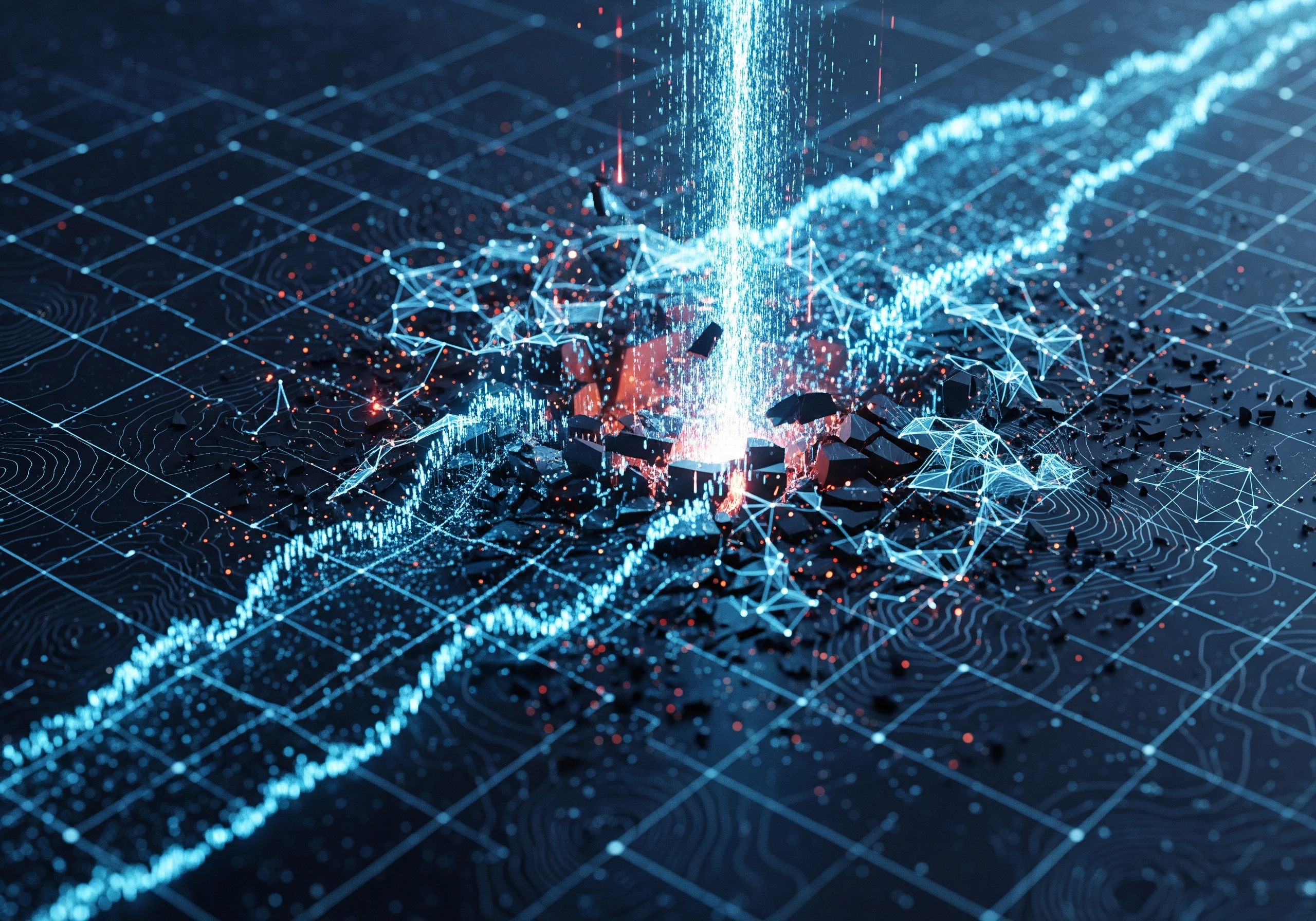 Abstract data stream breaking into pieces on a grid, representing AI data processing.